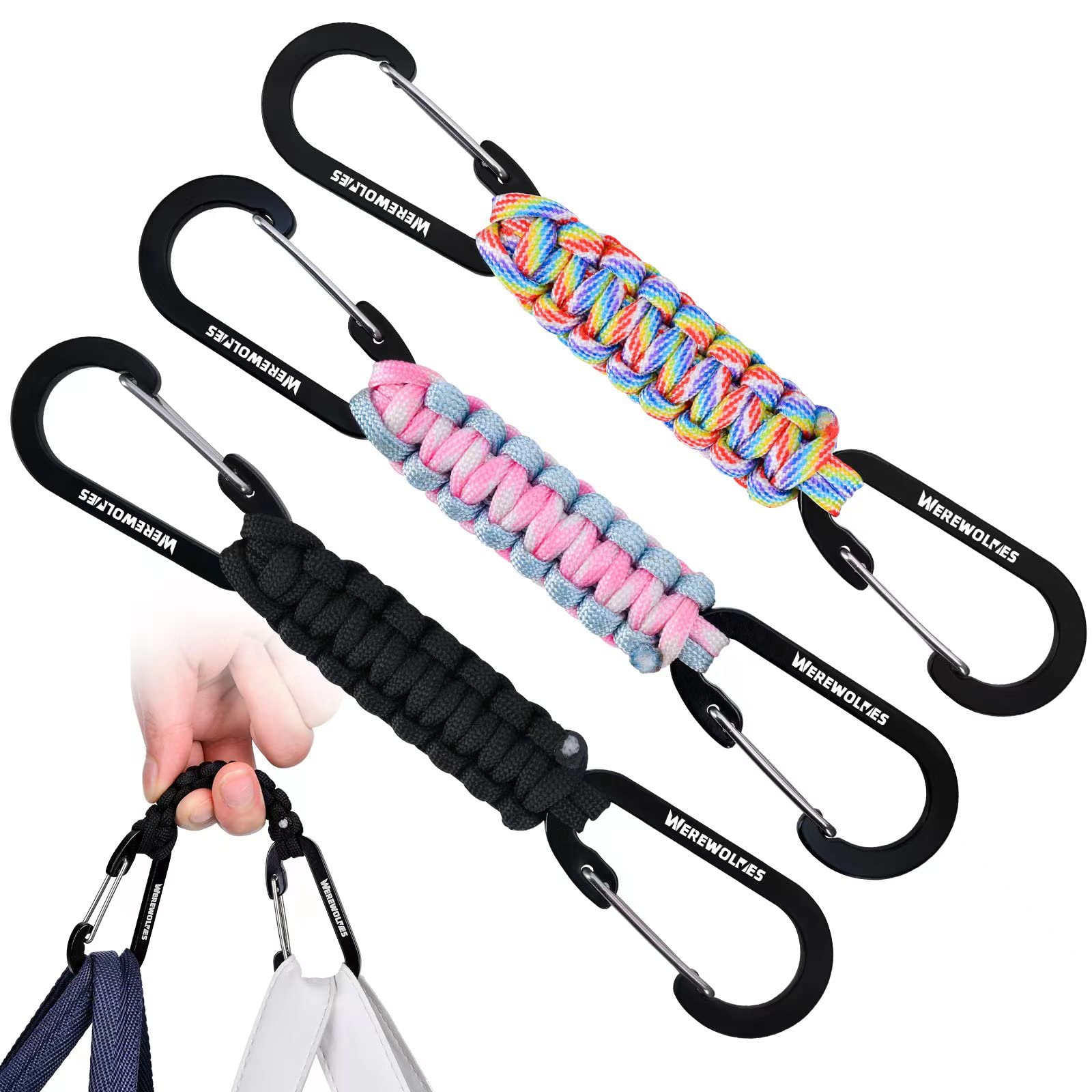 WEREWOLVES 3 Pack Paracord Keychain Carabiner, Lanyard Clip for Backpacks, Carabiner Clip for Men Women (3 Pack Rainbow)