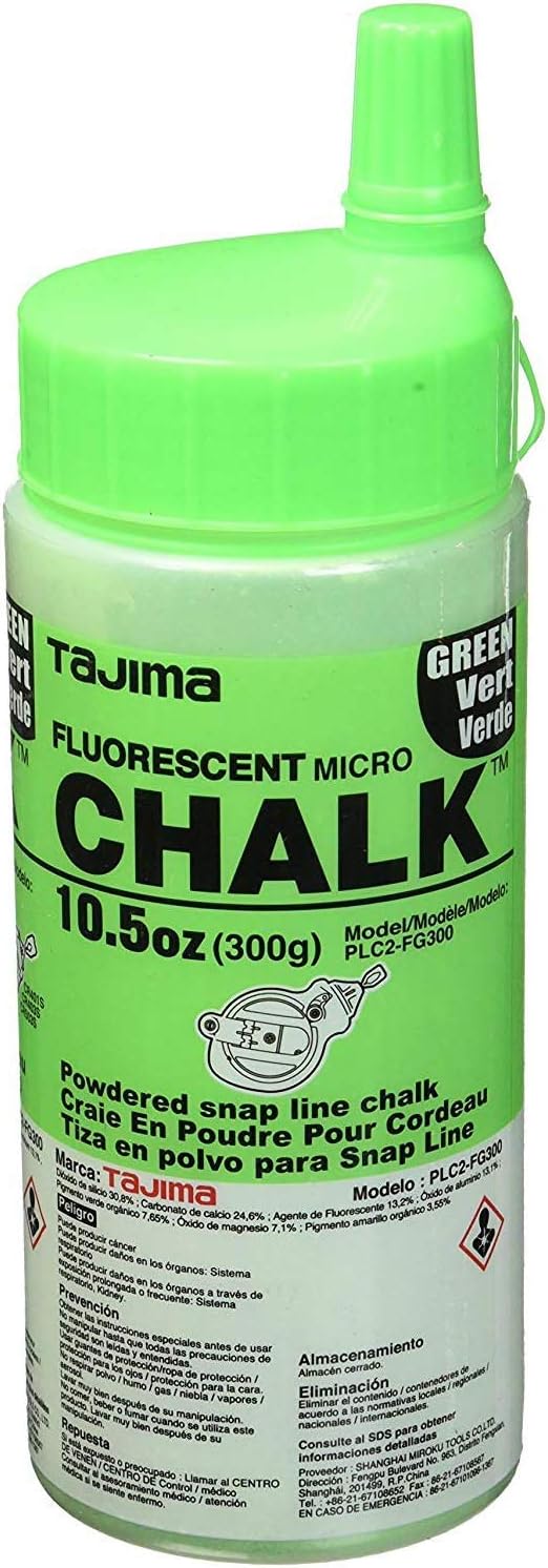 Micro Chalk - Fluorescent Green 10.5 oz (300g) Ultra-Fine Snap-Line Chalk with Durable Bottle & Easy-Fill Nozzle - PLC2-FG300