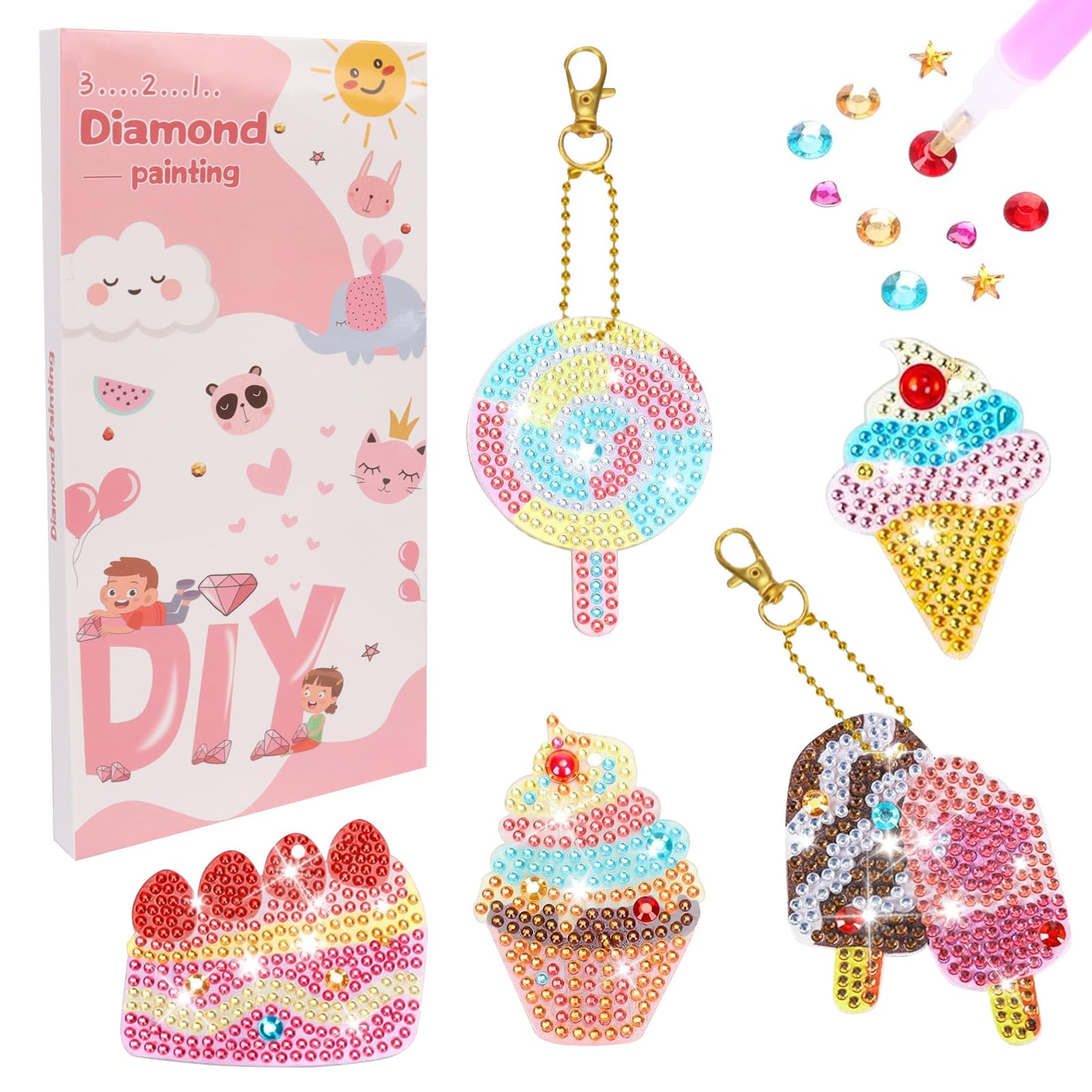 Auliuse Girls Multicolor Diamond Art Craft Kits Diy Diamond Painting Keyrings Set, Art Toys Gift Crafts Birthday Presents, Cute Stickers 5D Gem Art