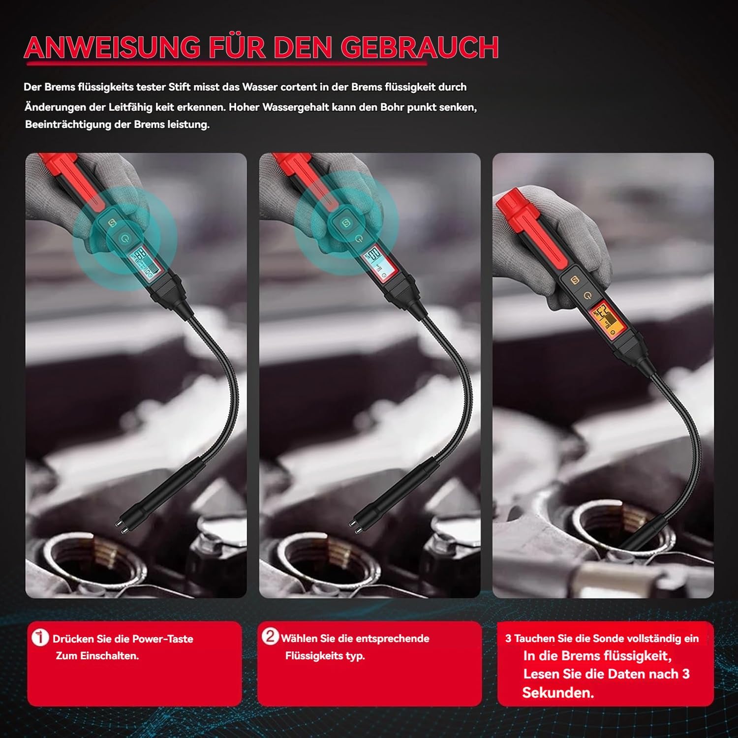 2026 Neu Bremsflüssigkeit Tester, Digitaler Bremsflüssigkeitstester, Hochpräzise Messung, Dreifarbige Hintergrundbeleuchtung mit Alarmfunktion für Maximale Fahrzeugsicherheit(C)