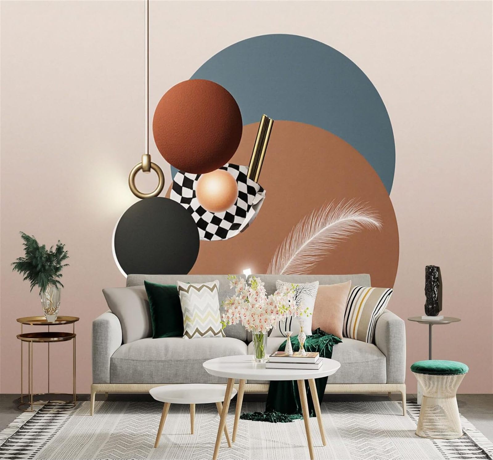 XLMING Abstract Geometric Circles Feathers Art 3D Wallpaper Silky Texture Home Study Office Grey Dining Room Sofa Bedroom Living Room TV Backdrop-250cm×170cm