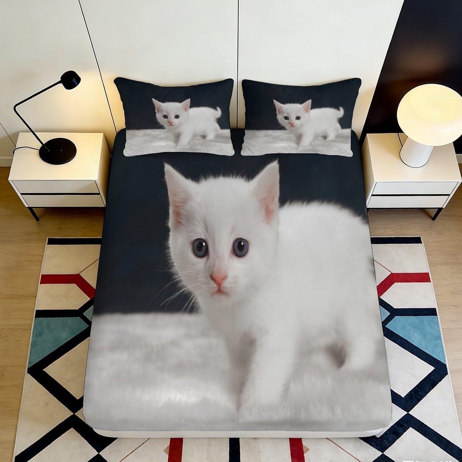 Kzqnxhjprl Style-2 3D Printed White Kitten Fitted Sheet Microfiber Soft Bedroom Decor Cute Cat Pattern Mattress Cover For Home Teen Guest Room 90X200x25cm