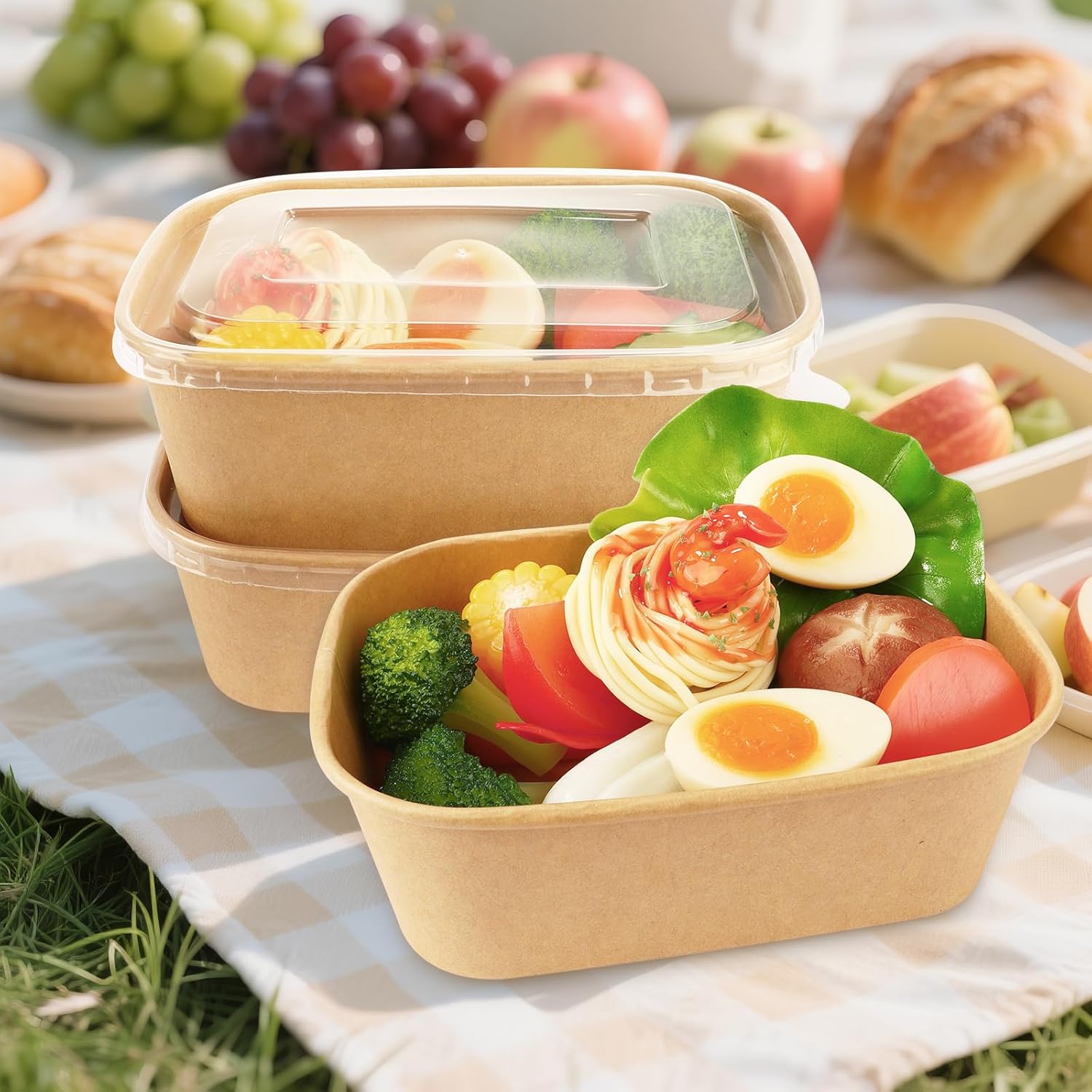 TWOWYHI 50 Pack Disposable Kraft Paper Bowls 25 OZ Food Containers with Lids Meal Containers Disposable Paper Bowls Serving Soup Salad Bowls with Plastic Lids for Pasta Snacks Take Out Food Containers