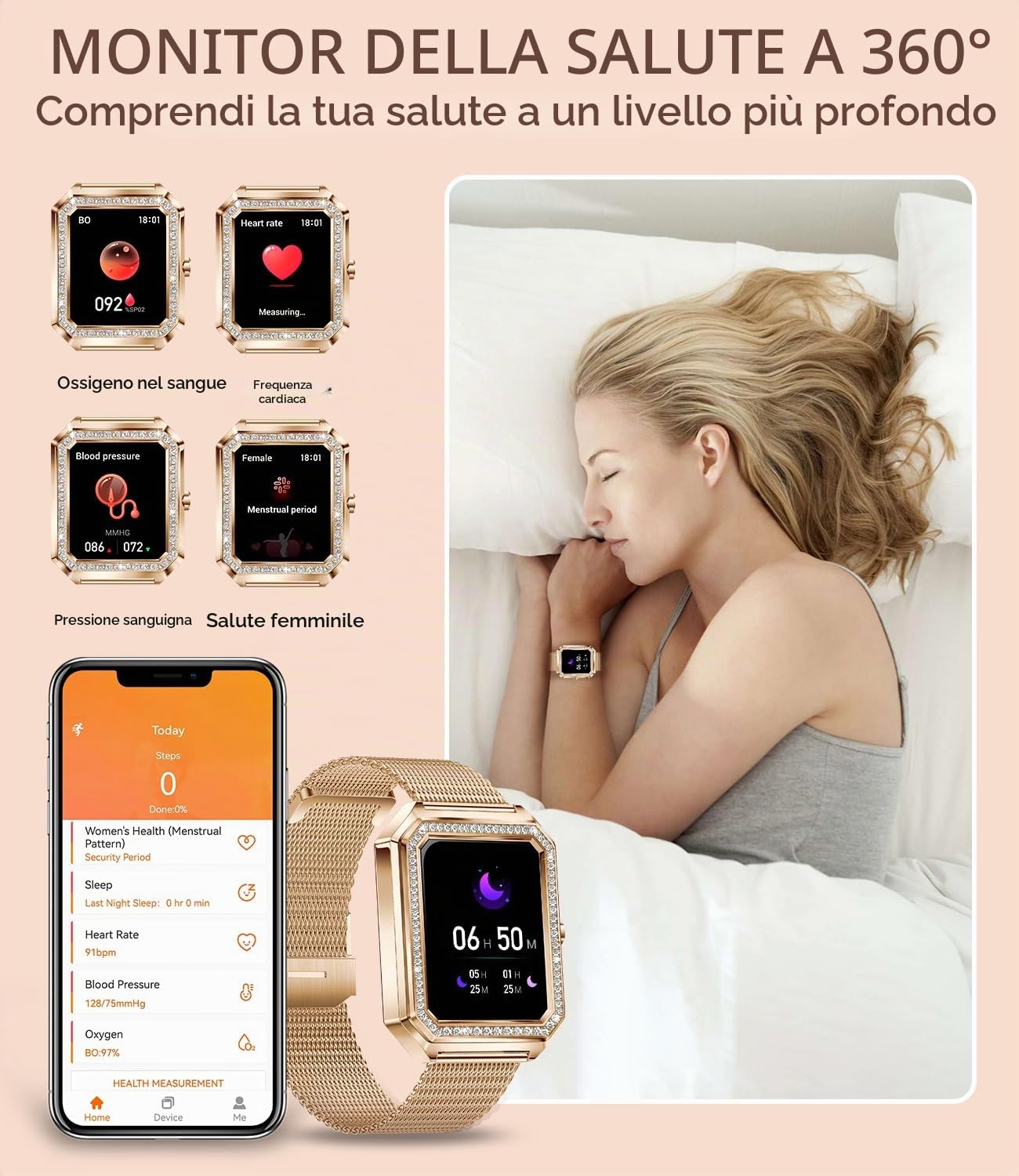 Smartwatch Donna con Effettua Risposta Chiamate 1.59" Orologio Fitness Monitor del Cardiofrequenzimetro SpO2 Sonno Contapassi Assistente Vocale Notifiche Whatsapp Smart Watch per Android iOS