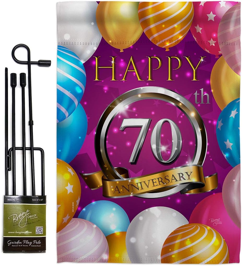 Breeze Decor Happy 70th Anniversary Garden Flag Set with Stand Celebration Couple Married Wedding Occasion Party Valentines House Decoration Banner Small Yard Gift Double-Sided, Made in USA