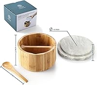 Vista 6 de Caja de sal y pimienta de bambú con tapa de mármol y cuchara integrada, tapa de polvo bien sellada, recipiente para bodega de sal, recipiente