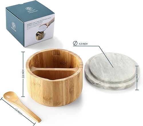 Miniatura 6 de Caja de sal y pimienta de bambú con tapa de mármol y cuchara integrada, tapa de polvo bien sellada, recipiente para bodega de sal, recipiente para