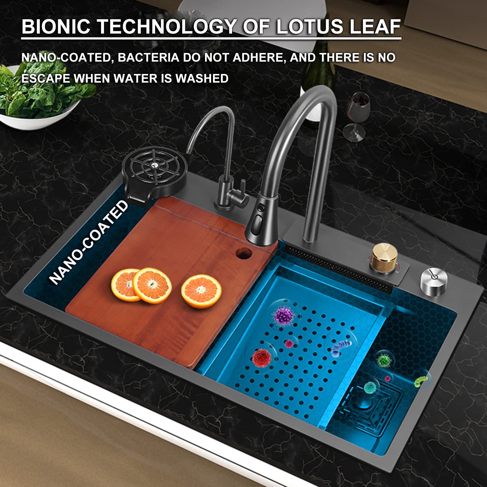 Nuovo lavello a Cascata in Acciaio Inox 304 per Bar/Cucina con lavabicchieri, Installazione a Incasso o sottotop (Dimensioni: 75x46x22 cm)