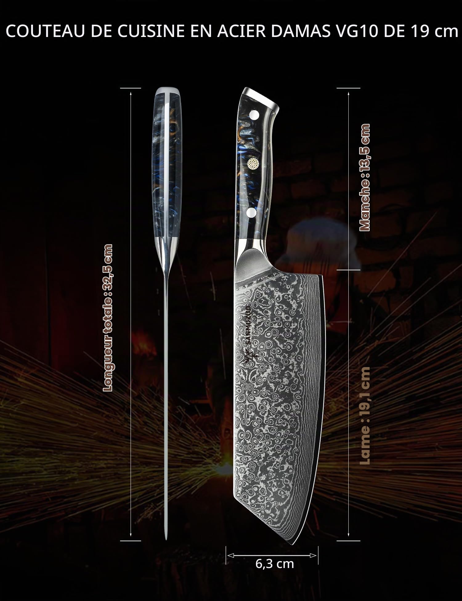 Damas Couteau Nakiri avec Lame 19 cm Professionnel Couteaux de Cuisine en VG-10 67 Couche Damas Acier avec Poignée en Résine(Noir étoilé) - Xuan Série