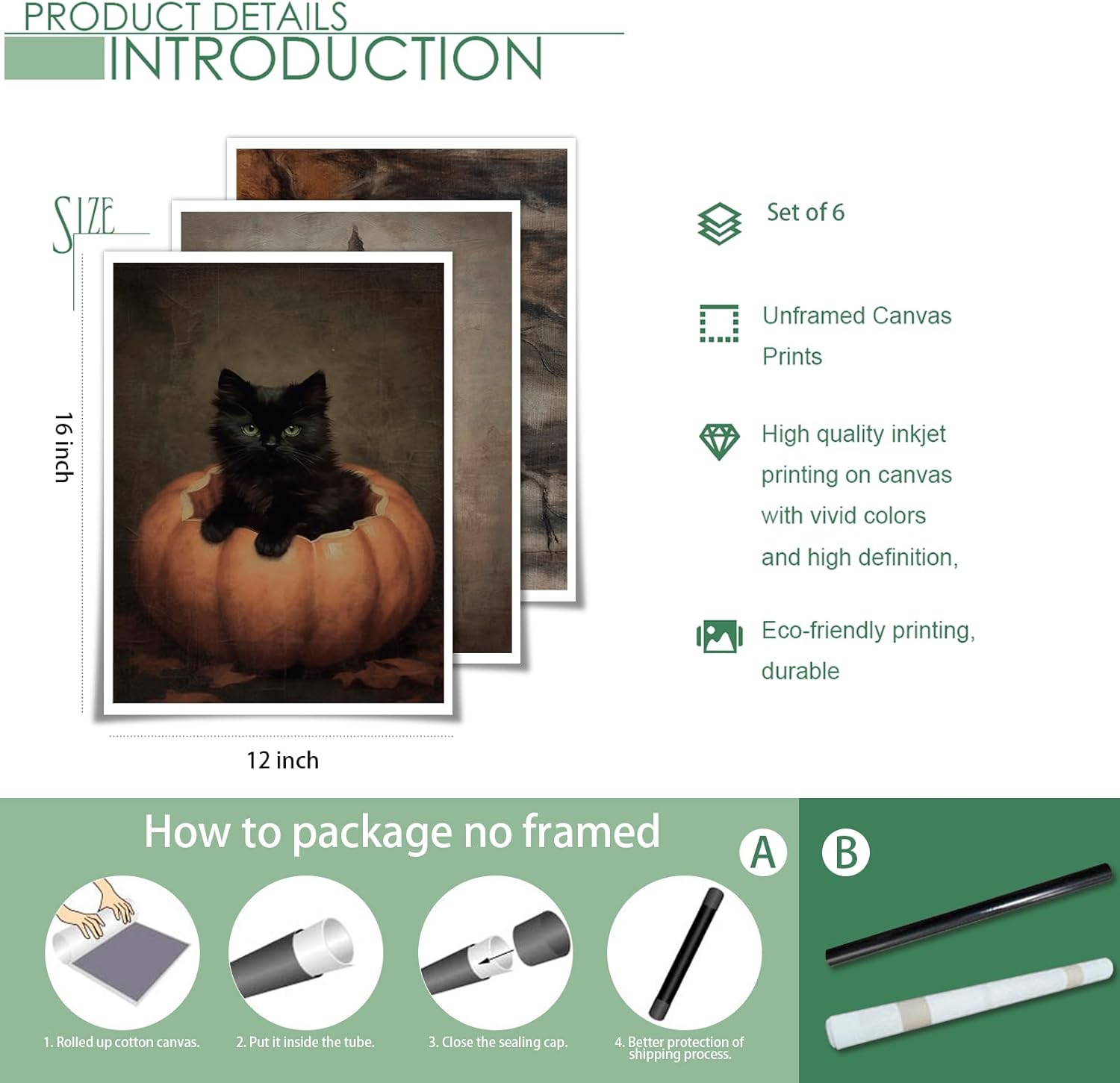 Xianyojafa Vintage Halloween Canvas Wall Art, Retro Black Cat Pumpkin Poster 6 Piece 12x16in, Victorian Raven Ashland Witch Picture Print, Creepy Spooky Ghost Dark Academia Wall Decor Unframed