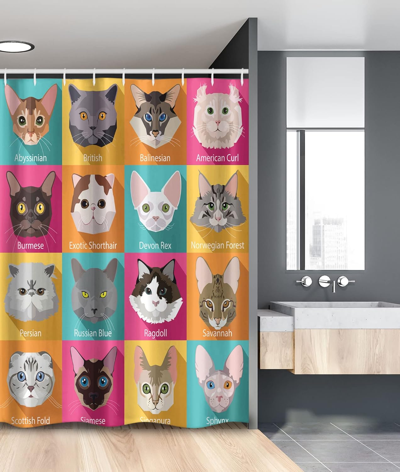 Ambesonne Cat Lover Stall Shower Curtain, Popular Breeds Abyssinian American Burmese Sphynx Norwegian Forest Scottish Fold, Fabric Bathroom Decor Set with Hooks, 54" W x 78" L, Multicolor