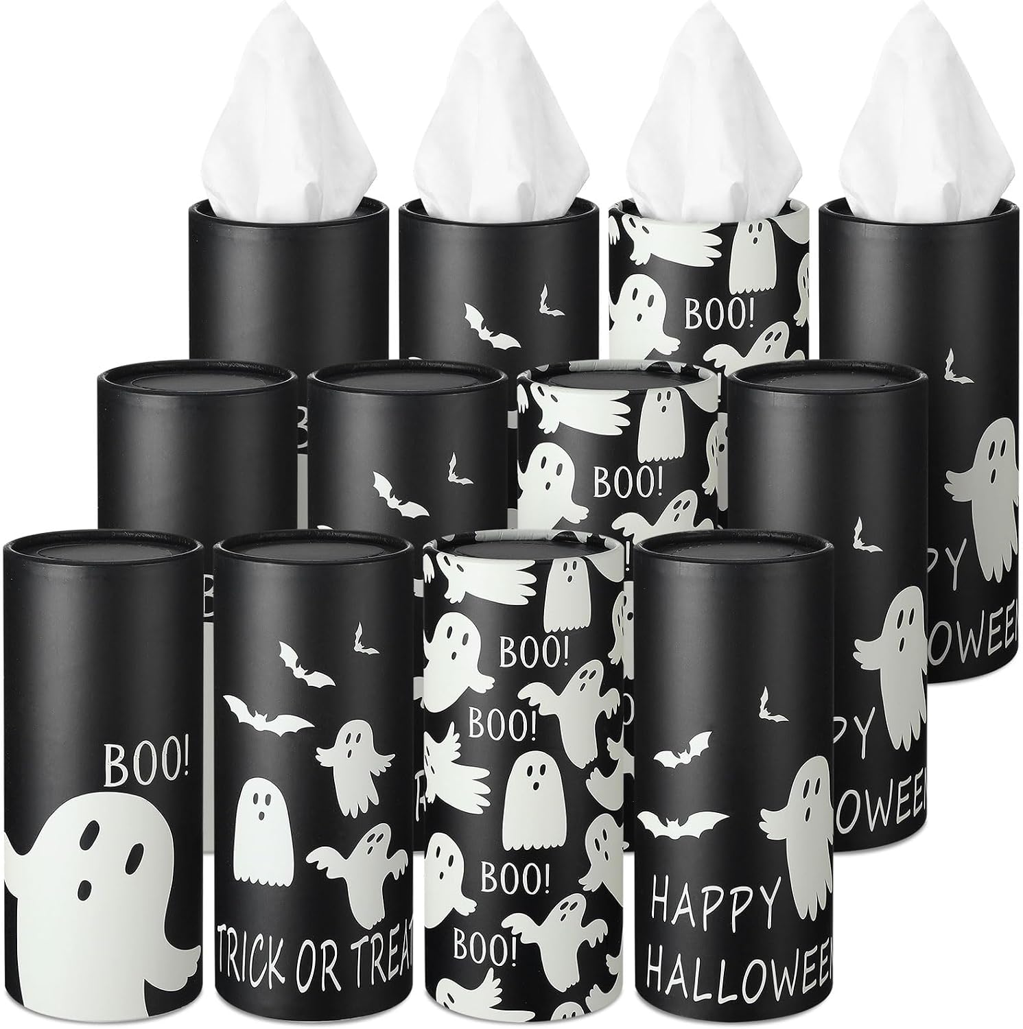 Fourluoo 12 Pack Ghost Tissue Boxes for Car Cylinder Bulk Round Cylinder Holder with 3 Ply Facial Tissues for Halloween Travel Bathroom Office Decoration Supplies