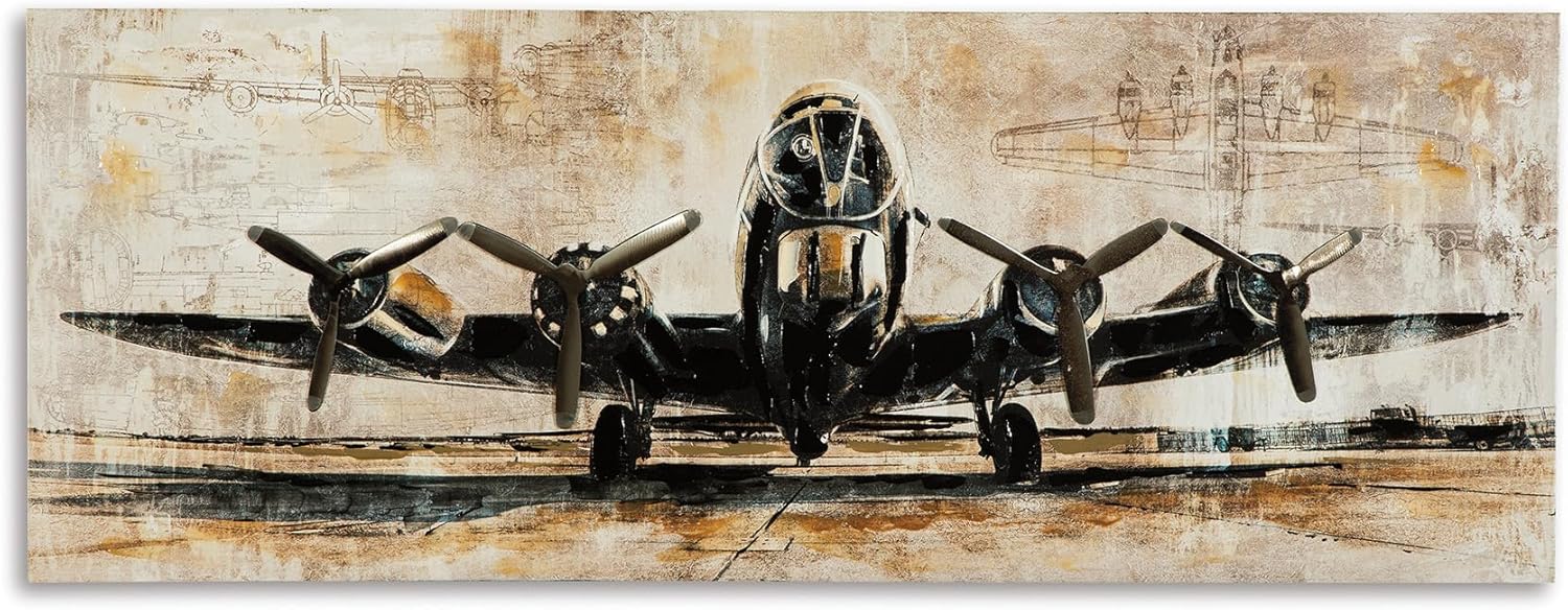 Signature Design by Ashley Kalene Vintage Hand Painted Airplane Canvas Wall Art, 48 x 18, Brown and Black