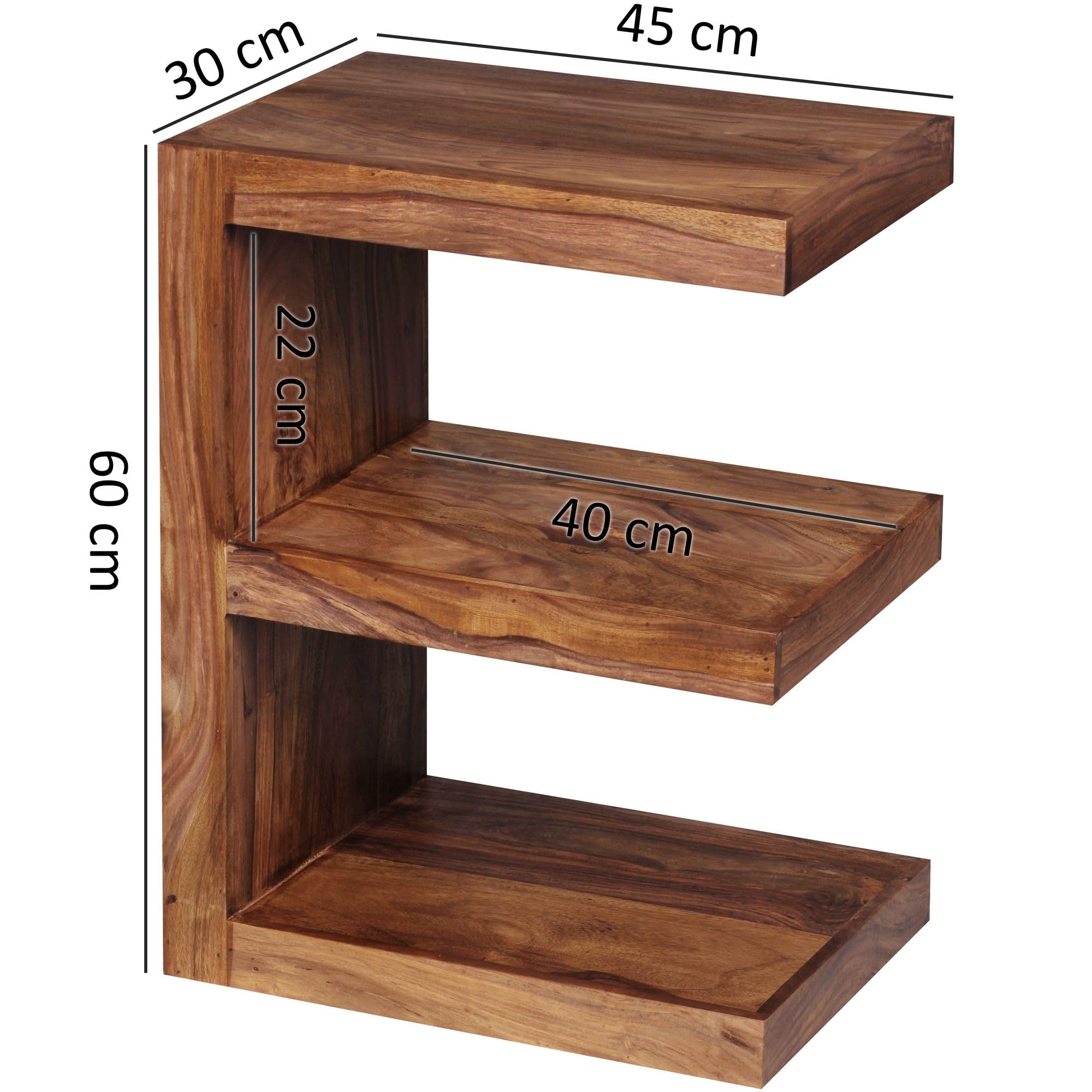 Table D'appoint Bois Sheesham Massif - Forme E, 45x60x30cm, 3 Niveaux, Style Ethnique Et Unique