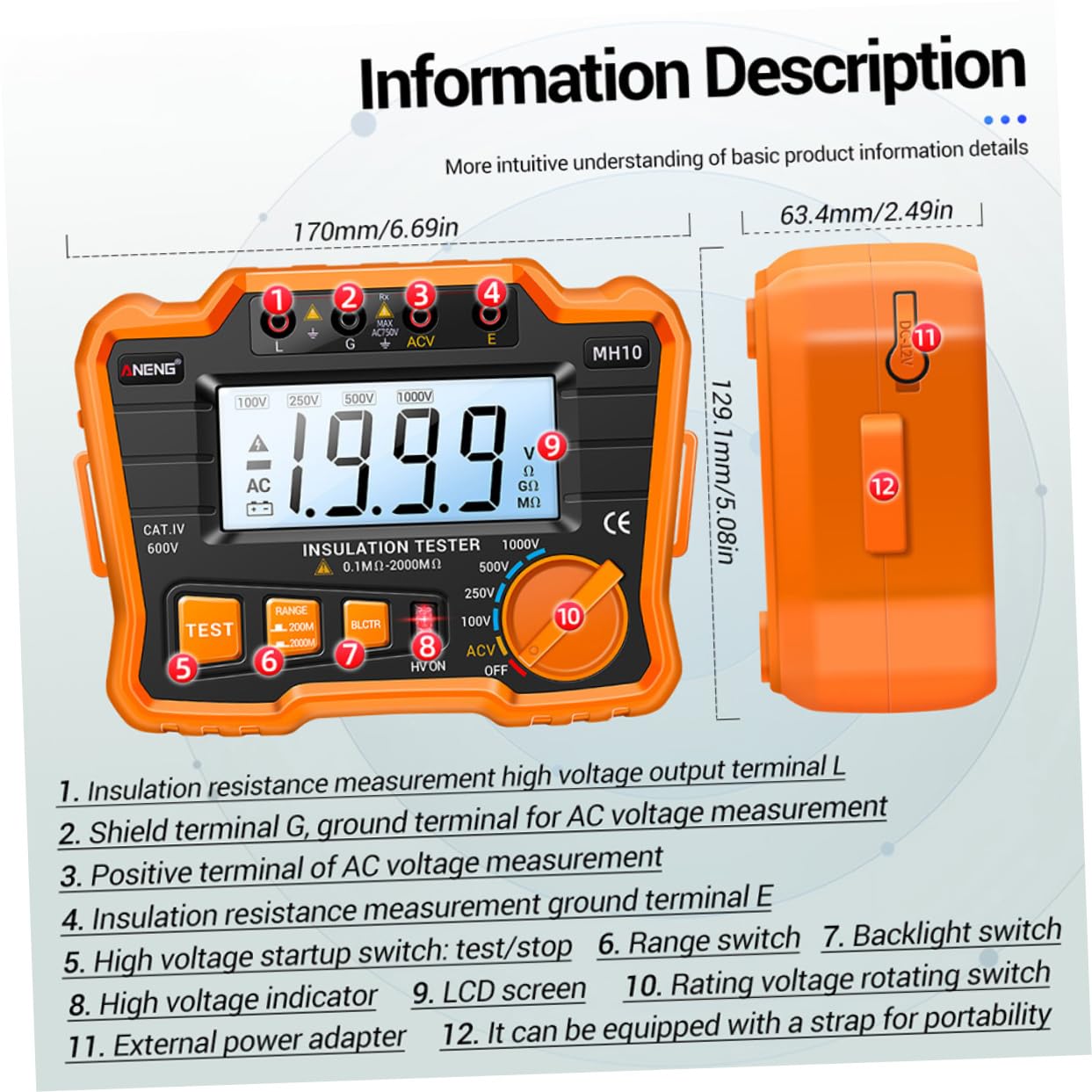 1Set Digital Insulation Resistance Tester with LCD Display Mω Gω Megohmmeter for Electrical Equipment Compact and Easy to Use Complete Protection Circuit