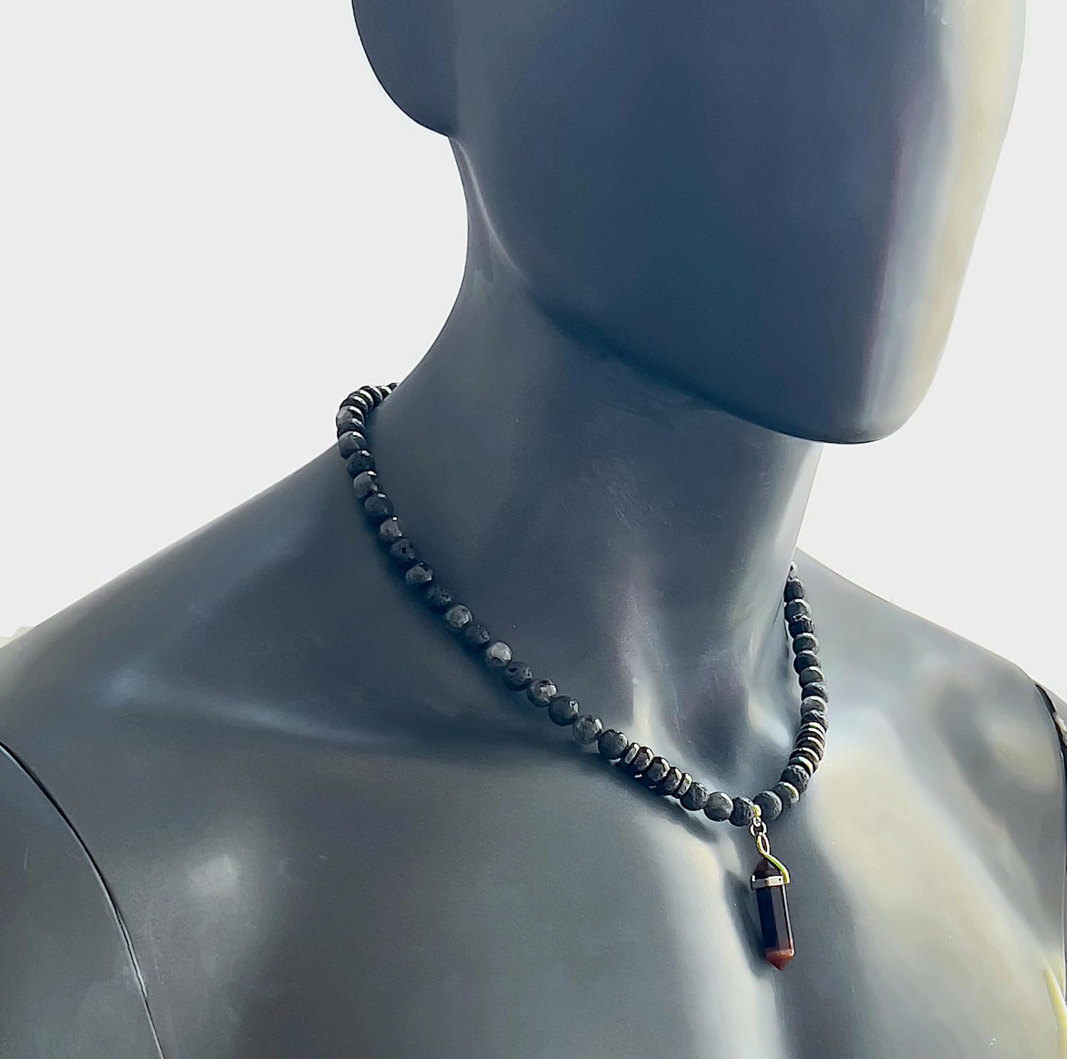 Beaded Choker Pendant Necklace January Birthstone Mens Necklace with Natural Gemstone Garnet Labradorite Black Lava Red Tiger Eye Handmade Jewelry - about 21 inches long - Image 4