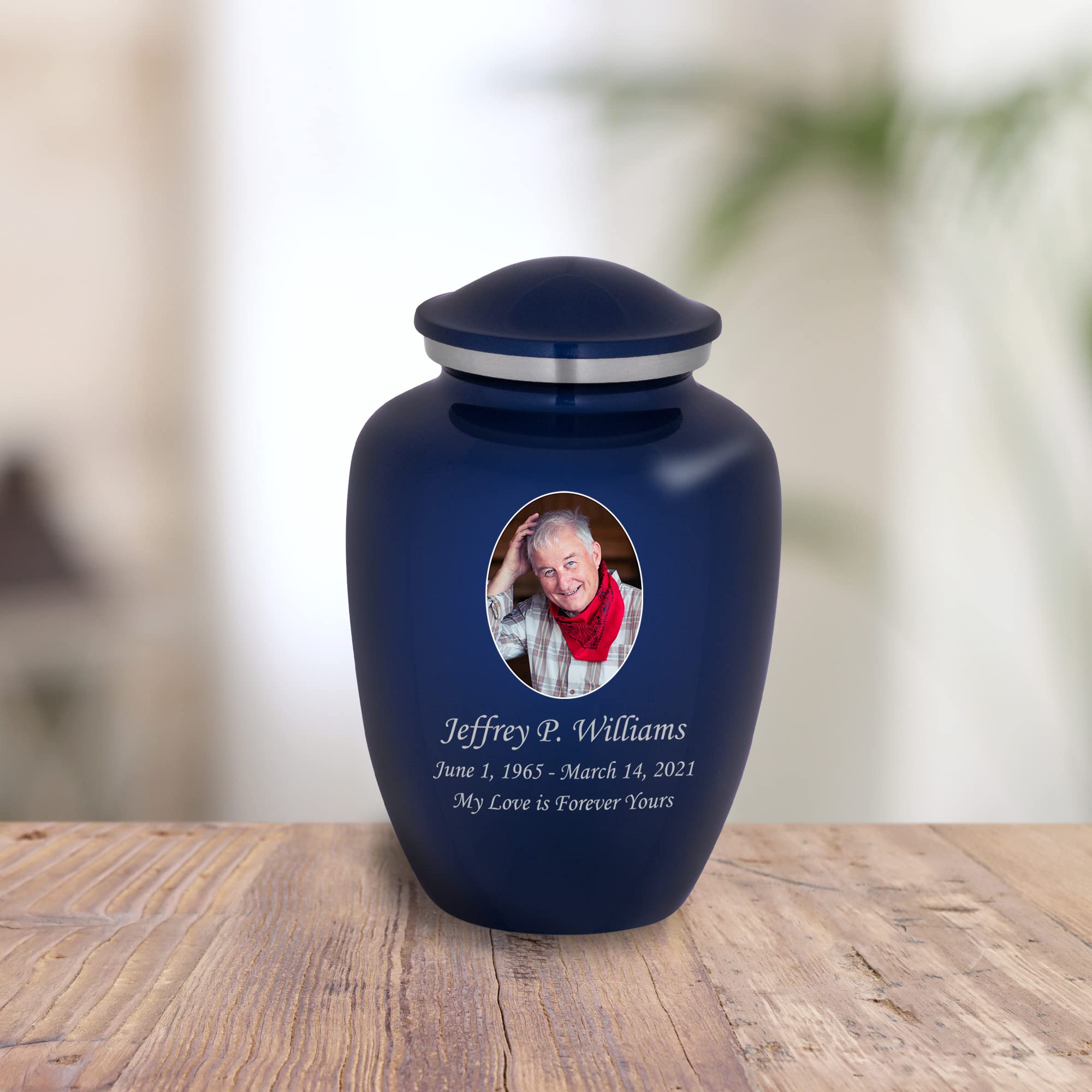 Homage Medium Engraved Custom Photo Cremation Urn for Human Ashes - Vase Style Cremation Urns for Adult Ashes - 80 Cubic Inch Capacity - Personalization Included (Sapphire Blue)