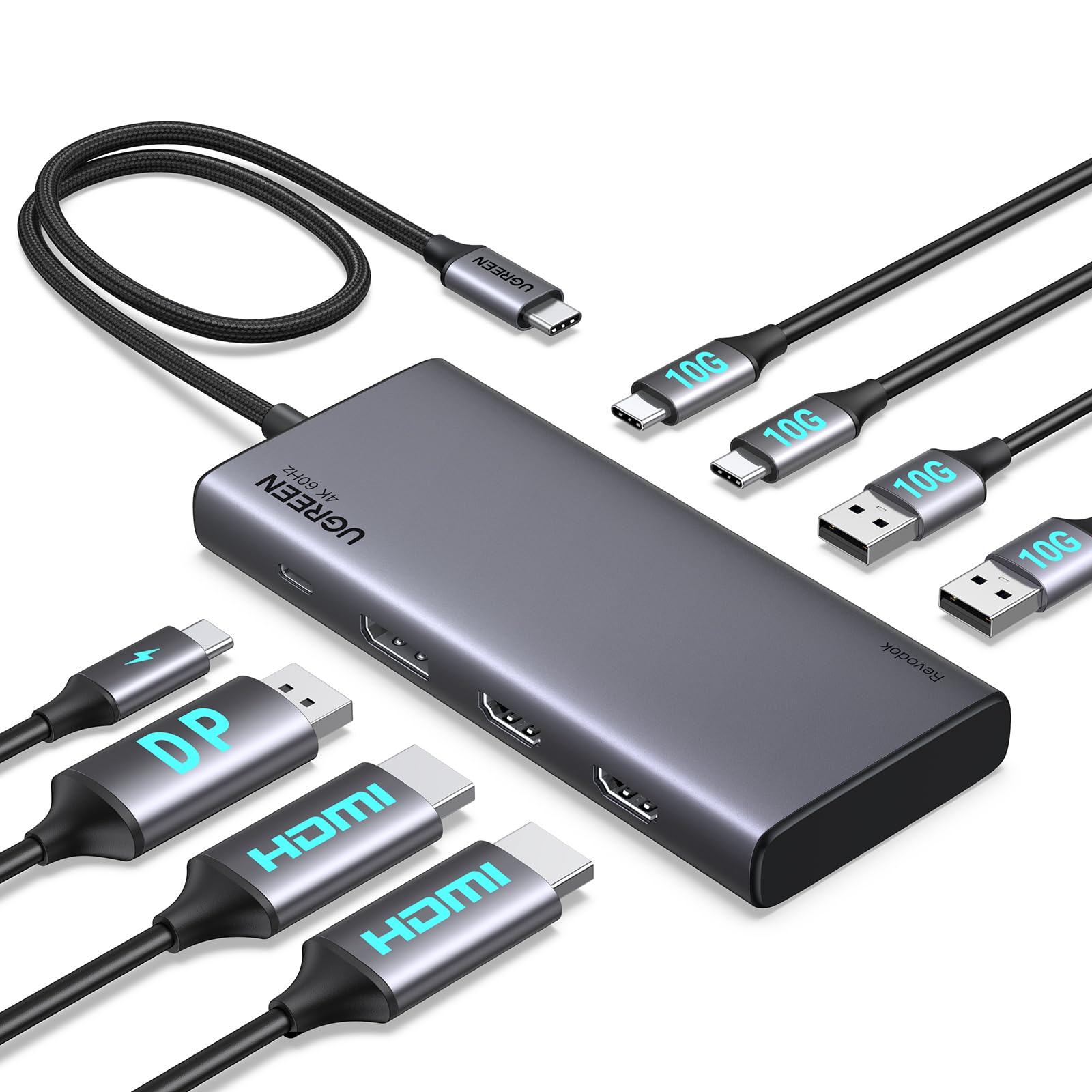 UGREEN Revodok Pro 308 Hub USB C 8 in 1 Docking Station Triplo Display | 2 HDMI, 1 DisplayPort, 4K60Hz, 10Gbps, Porte Dati Multiple 2A2C, PD 100W Ricarica, Compatibile con MacBook Pro Air Surface