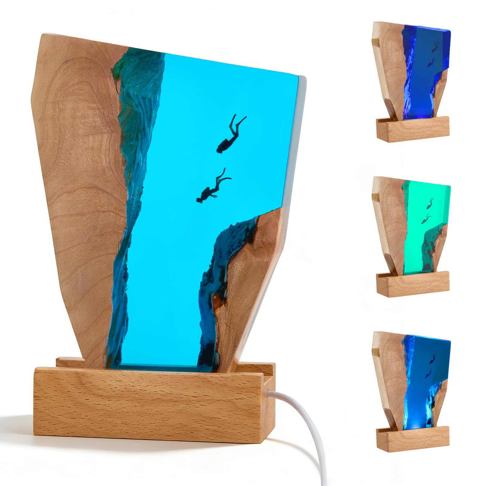 Luce Notte Resina, Luce Lampada Notturna 3D Oceano in Resina, Lampada Oceanica LED Subacqueo Base in Legno, Epossidica Paesaggio Sottomarino, Decorazion per Cameretta Soggiorno Ufficio