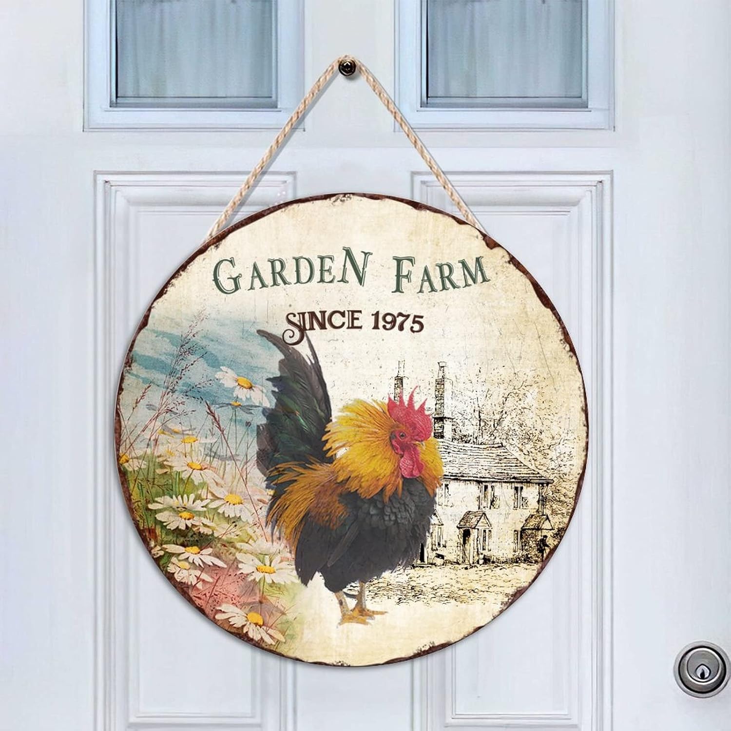 Garden Farm Since 1975 Front Door Sign, Chicken Wood Door Sign, 16x16in Vintage Wall Hanging Sign Plaque for Front Door Entryway Porch Bar Pub Farewell Party Housewarming Gifts