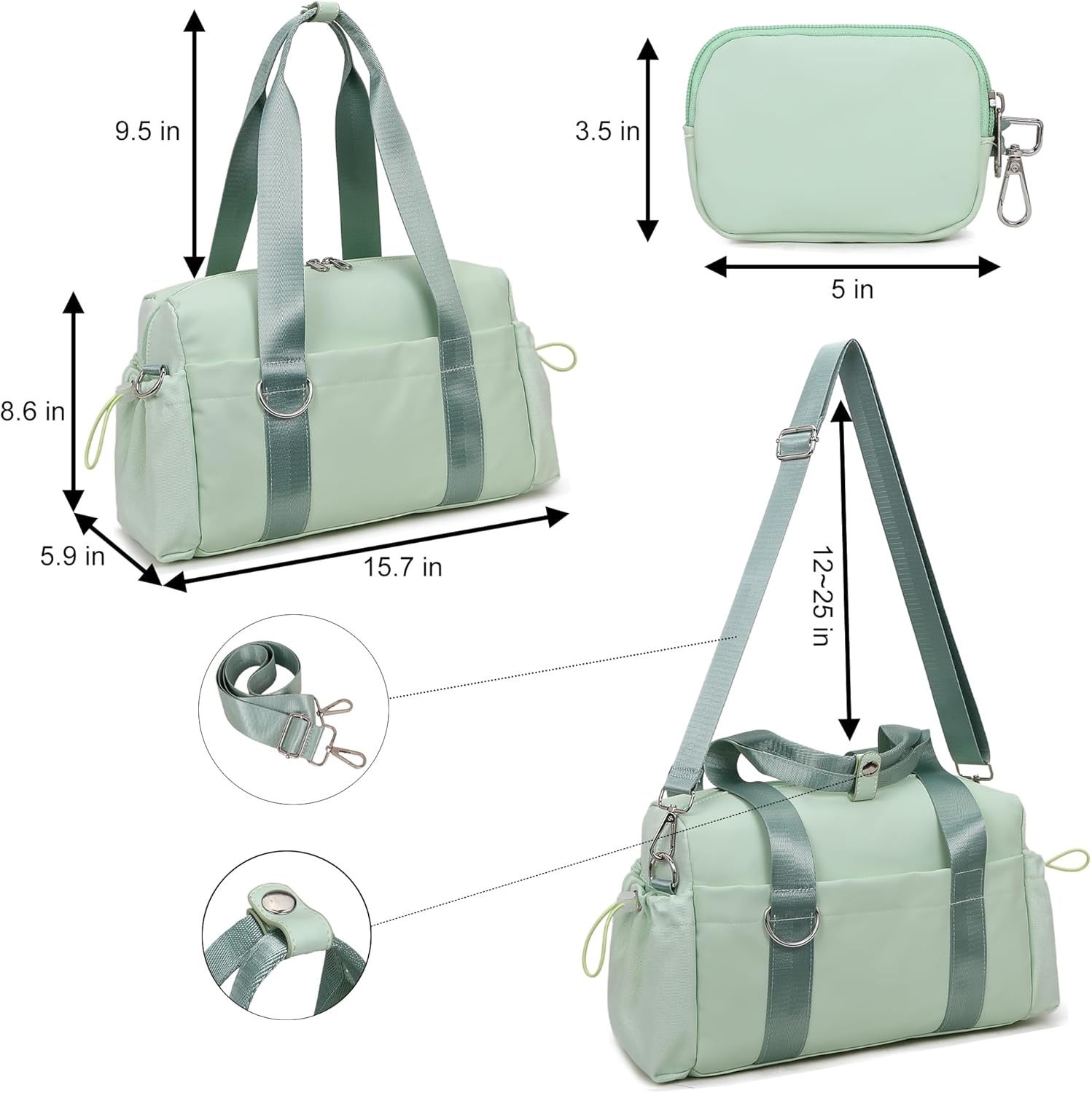 Everyday Mini Gym Bag for Women 2.0, Small Tote with Zipper Compartment Waterproof Travel Duffle Cute Handbag Workout Carry On with Removeable Shoulder Strap & Coin Wallet Easy to Clean - Green - Image 7