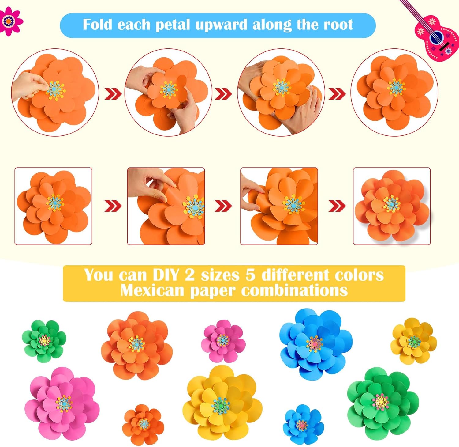 Mooliwe 20 Set Mexican Paper Flowers Decorations for Wall DIY Fiesta Bulletin Board 3D Handcrafted Paper Flowers Backdrop Decoration for Mexican and Holiday Party (Bright)