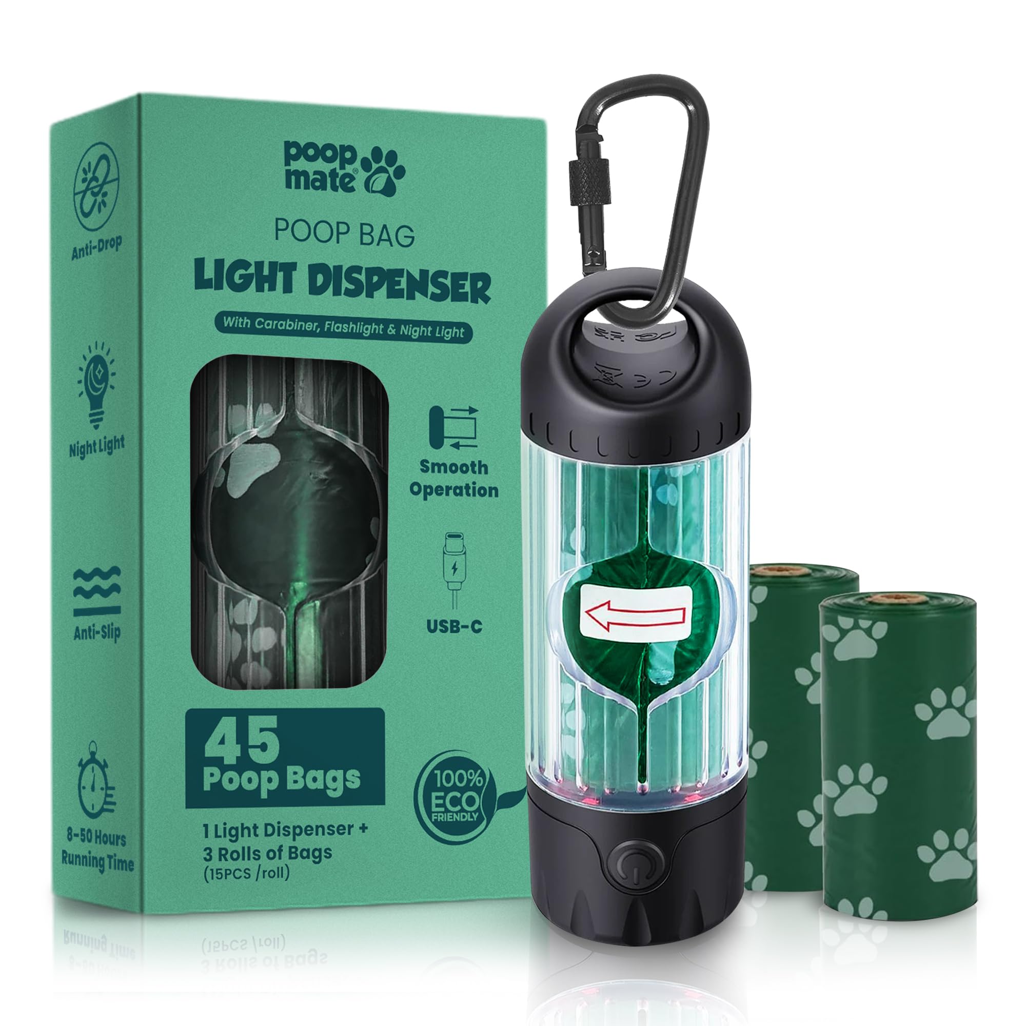 Hundekotbeutelspender mit LED-Taschenlampe & 45 Beuteln (3 Rollen) - USB-C wiederaufladbar, wasserdicht, Anti-Rutsch-Clip, freihändiger Hundekotbeutelhalter für Nachtspaziergänge