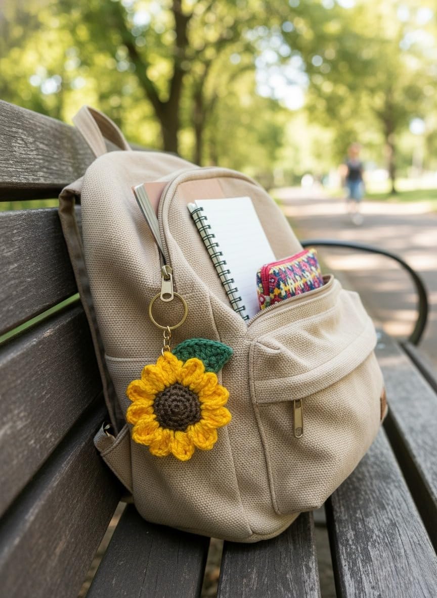 swadnivas enterprise Handmade Crochet Sunflower Keychain for Women & Girls | Cute Woolen Bag Charm & Key Ring | Unique Gift, Car Keychain, Handcrafted Flower Accessory