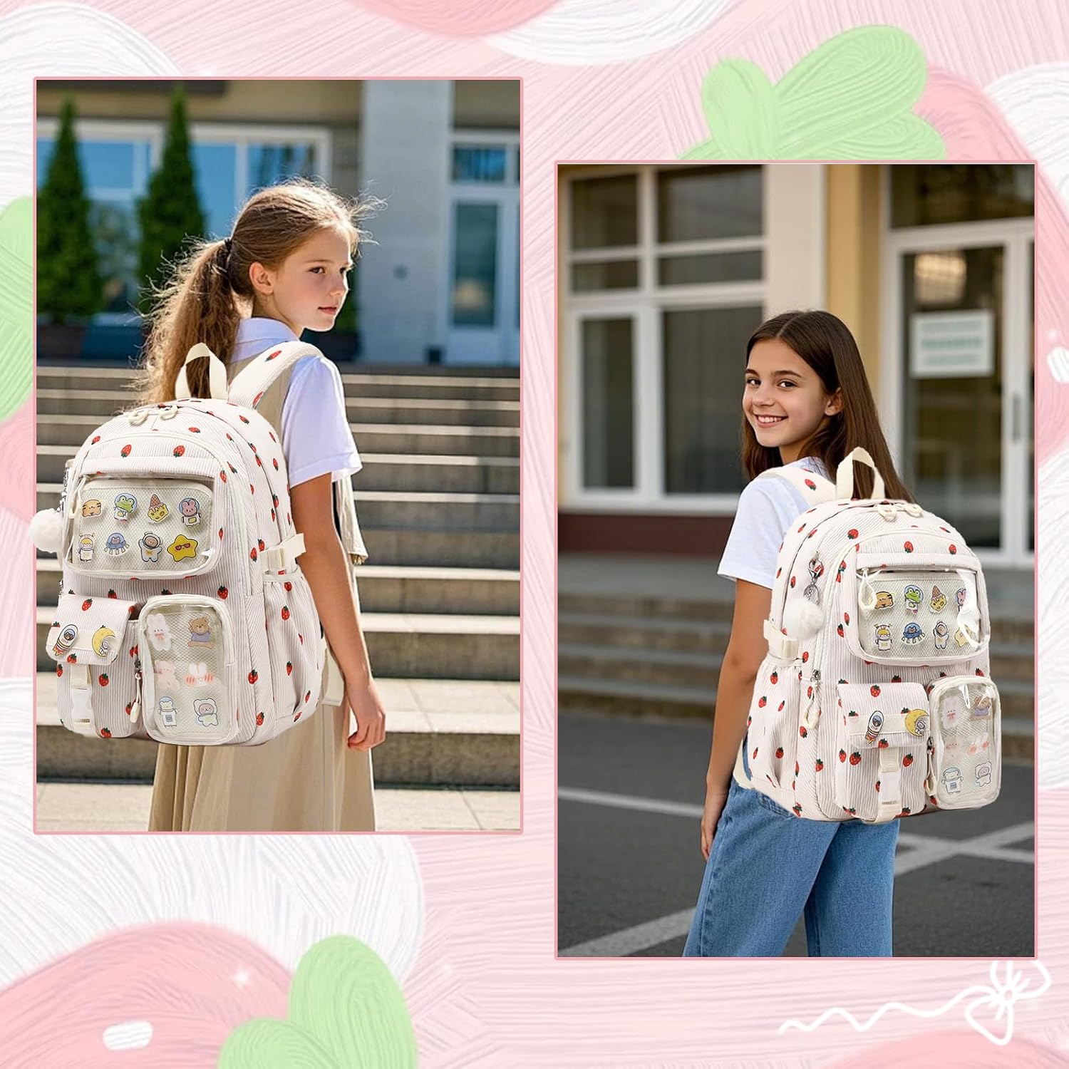 Girls Backpack Cute Kawaii Ita Backpacks Aesthetic Bookbag with Pin Display Insert School Bag for Teen Girls,Corduroy Strawberry Beige(Pins NOT Included)
