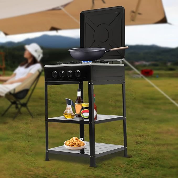 Estufa Portátil 4 Puestos a Gas con Rack de Almacenamiento y Cubierta Antiviento miniatura 2