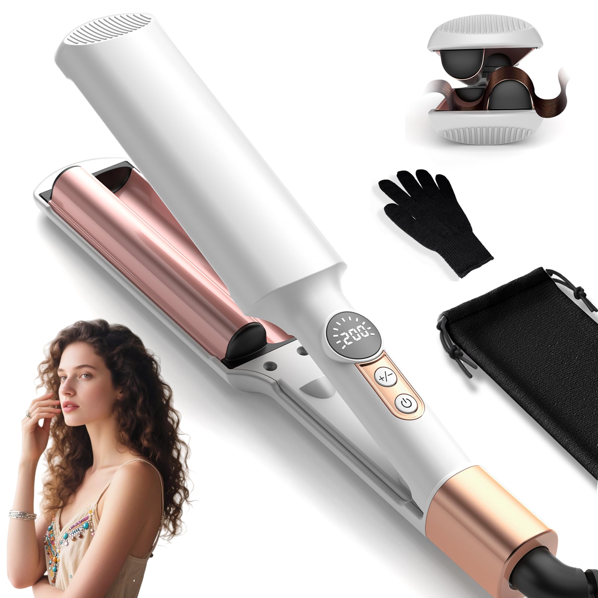 UKLISS Pro Mini lokówka falowana, z wyświetlaczem LCD 120-210°C, falowane włosy, dla początkujących, rozmiar podróżny (biała)