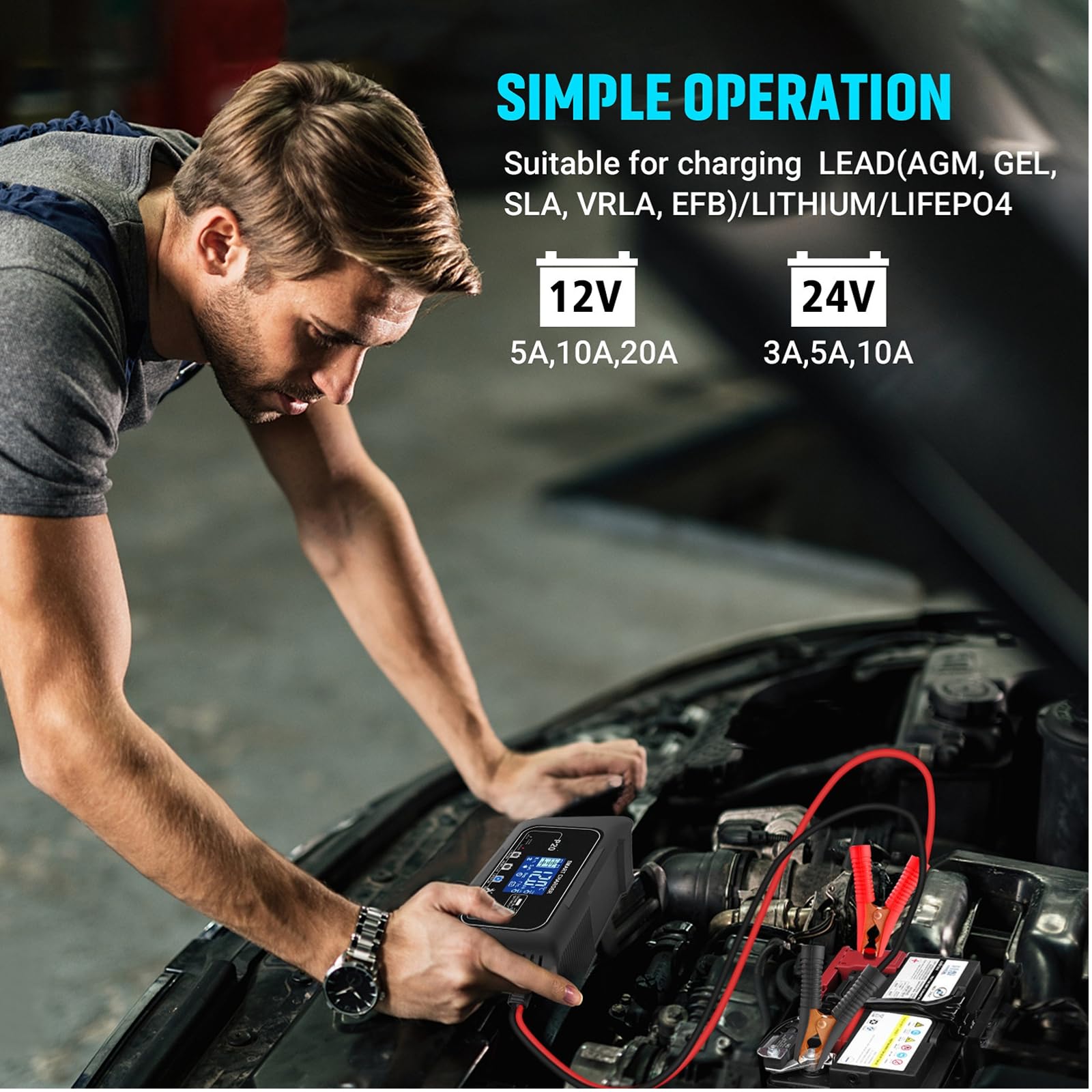 Cargador y mantenedor de batería inteligente de 12V/24V y 20 A con reparación por pulsos Cargador de 4 modos LiFePO4/AGM/Plomo-Ácido para coches,motos,vehículos marinos y cortacéspedes,invierno/verano