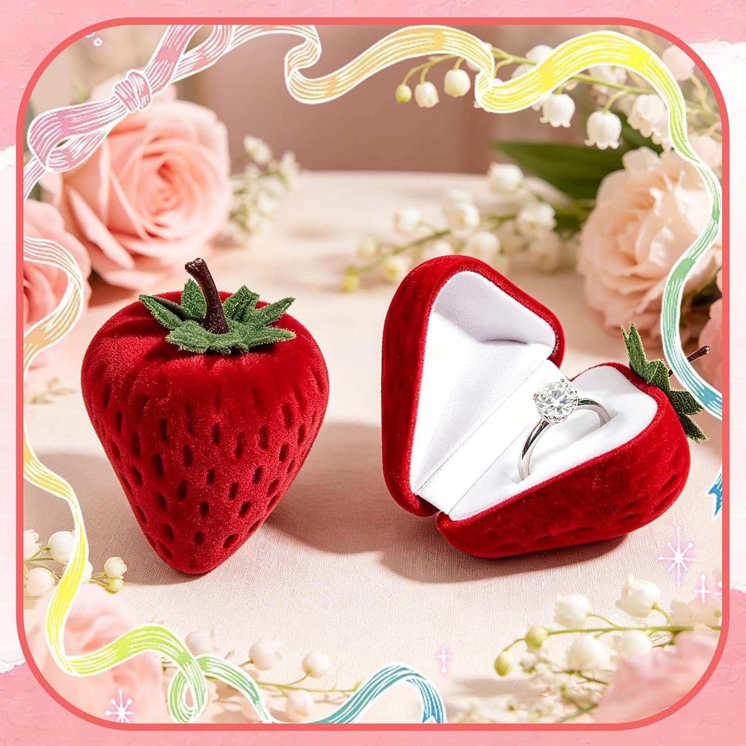 Wowagoga Strawberry Ring Box Strawberry Shaped Velvet Ring Jewelry Storage Box Gift Box,Ring Earrings Jewelry Counter Display Props