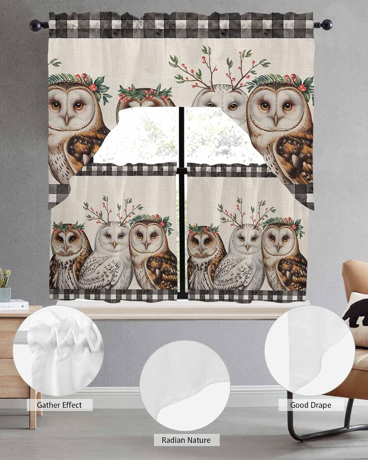 Cute Owls Swag Curtains Valance and Tier Set, Rod Pocket Curtain Drapes for Bedroom Bathroom Kitchen Curtains 3 Piece Set Winter Animals Berry Vintage Black Plaid Beige Swag Valances and 36" Tiers