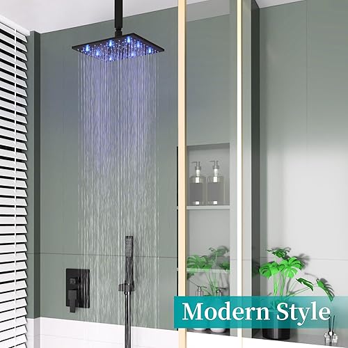 Miniatura 25 de SKOWLL Grifo de ducha de lluvia con 6 rociadores de chorro de cuerpo completo, cabezal de ducha de lluvia LED de 12 pulgadas con combo de rociador