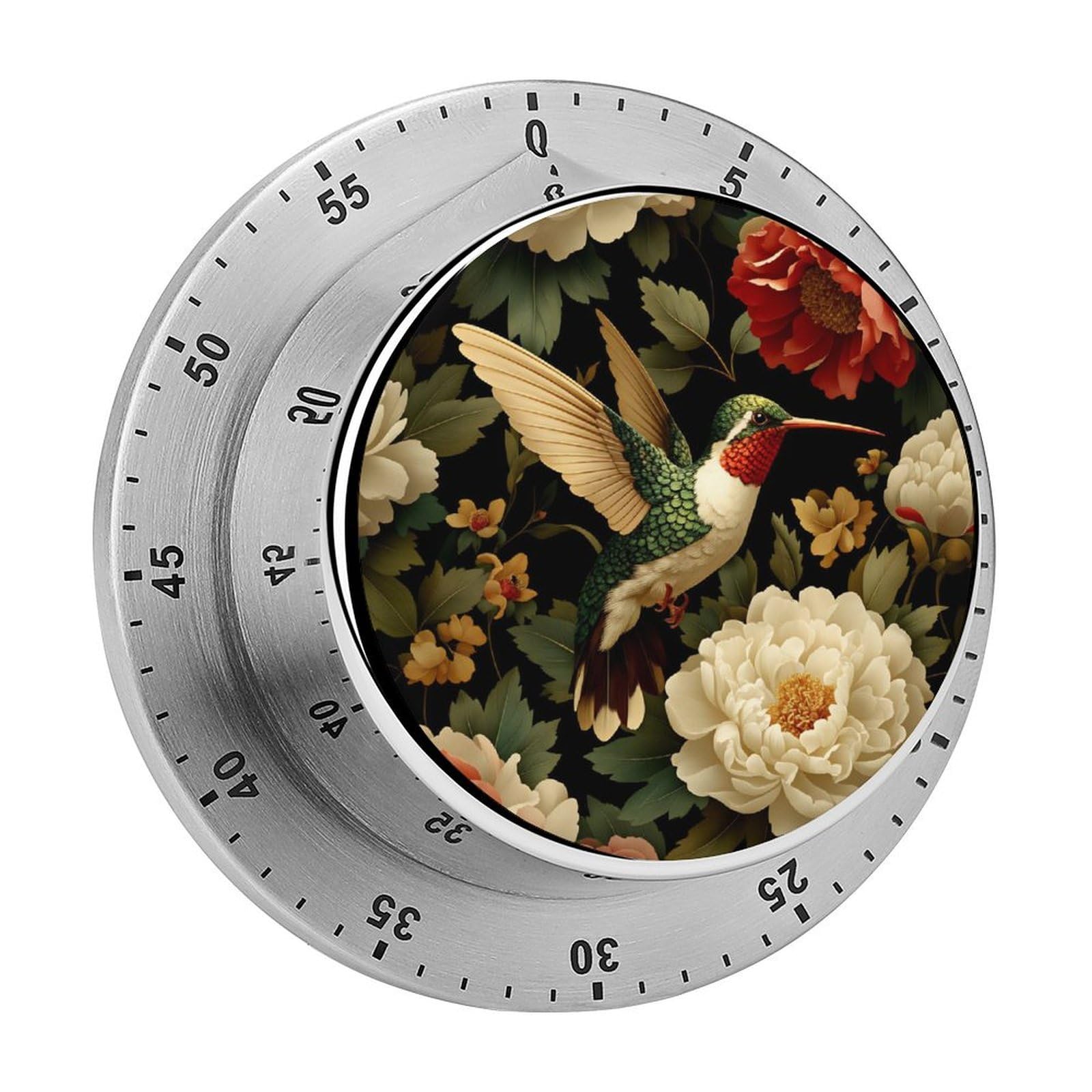 Hummingbird Peony Floral Vintage 60 Minute Wind Up Timer,Visual Mechanical Magnetic Timer with Loud Alarm for Kitchen