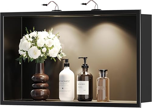 Miniatura 49 de Neodrain Nicho de pared con luz LED no regulable, nicho inoxidable negro mate, no necesita azulejos, nicho de ducha de 24 x 12 pulgadas, cubito Mate