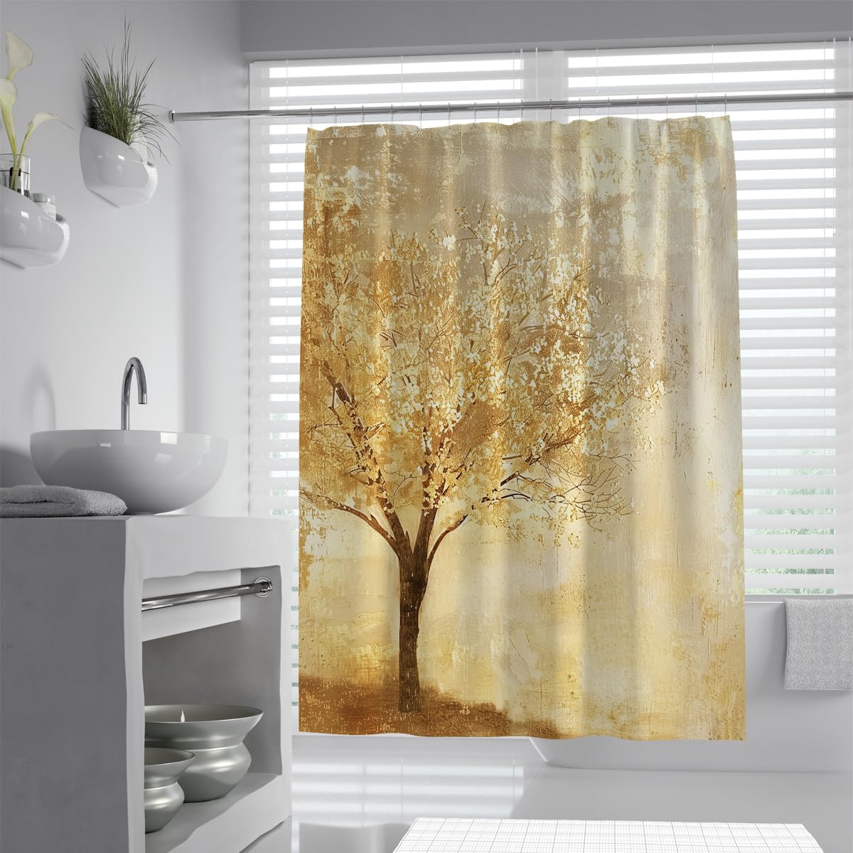 Drzewo Zasłona prysznicowa W180xL180cm Nowoczesne Rośliny Leśne Żółty Beżowy Złoty Z Teksturą Folia Aluminiowa Przeciw Pleśni i Pleśni Zasłony Łazienkowe Do Wann
