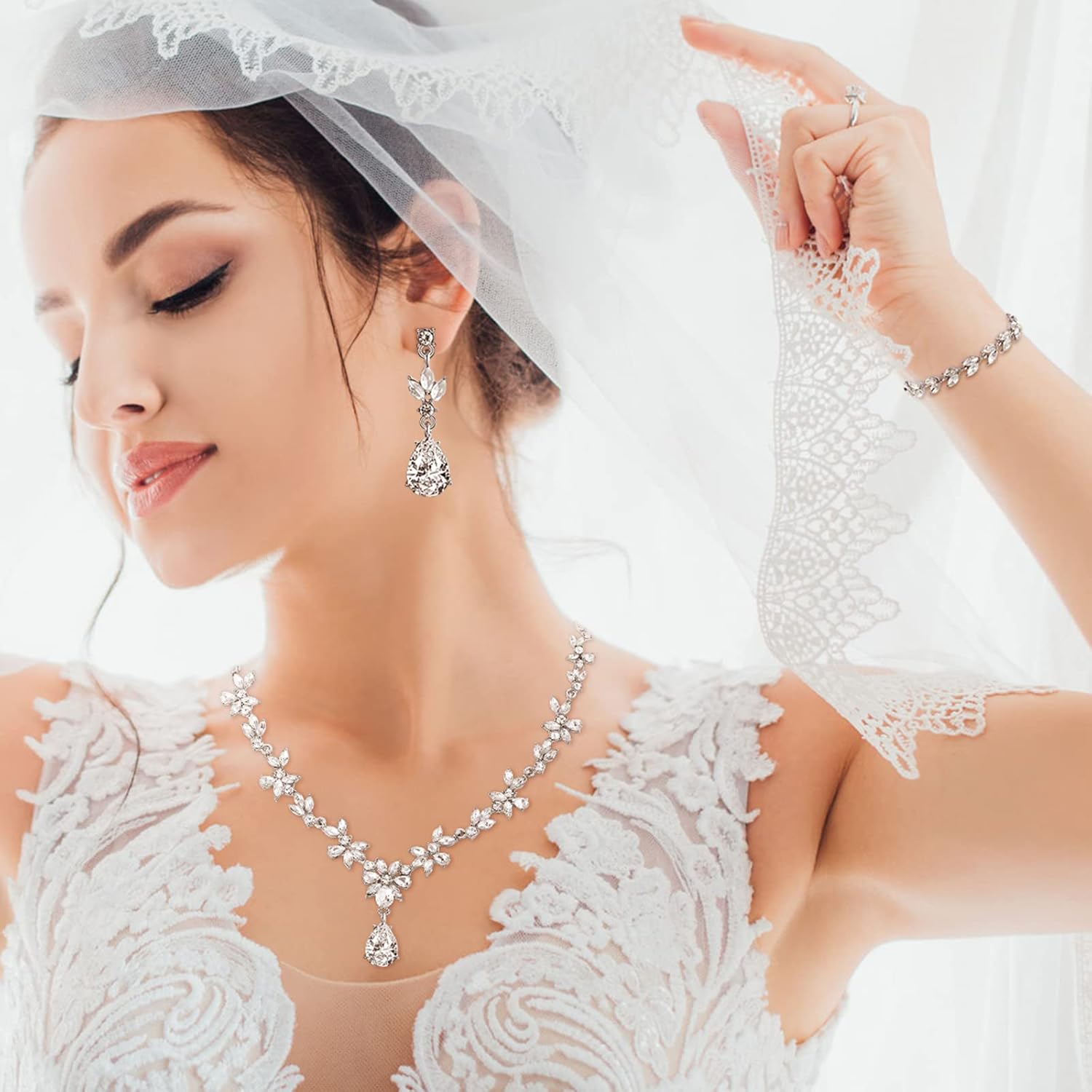 Henoyso 5 Pcs Bride Jewelry Set Rhinestone Necklace Earrings Bracelet Headpieces Sets for Wedding Bridal Party Prom Costume - Image 4