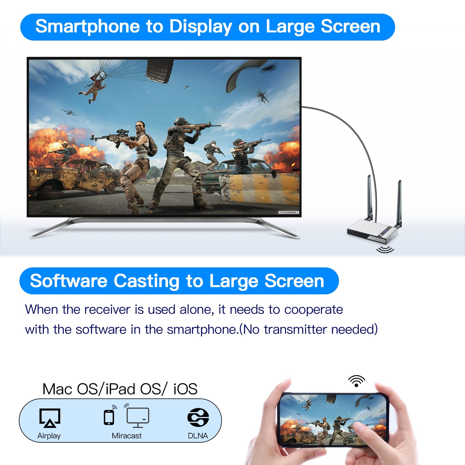 Trasmettitore e Ricevitore HDMI Wireless 1080P Fino a 50m/164ft, Trasmettitore Estensore HDMI Wireless per Segnali HD da PC, DVD, tablet, STB, TV Stick per la Visualizzazione su Schermi HD e VGA