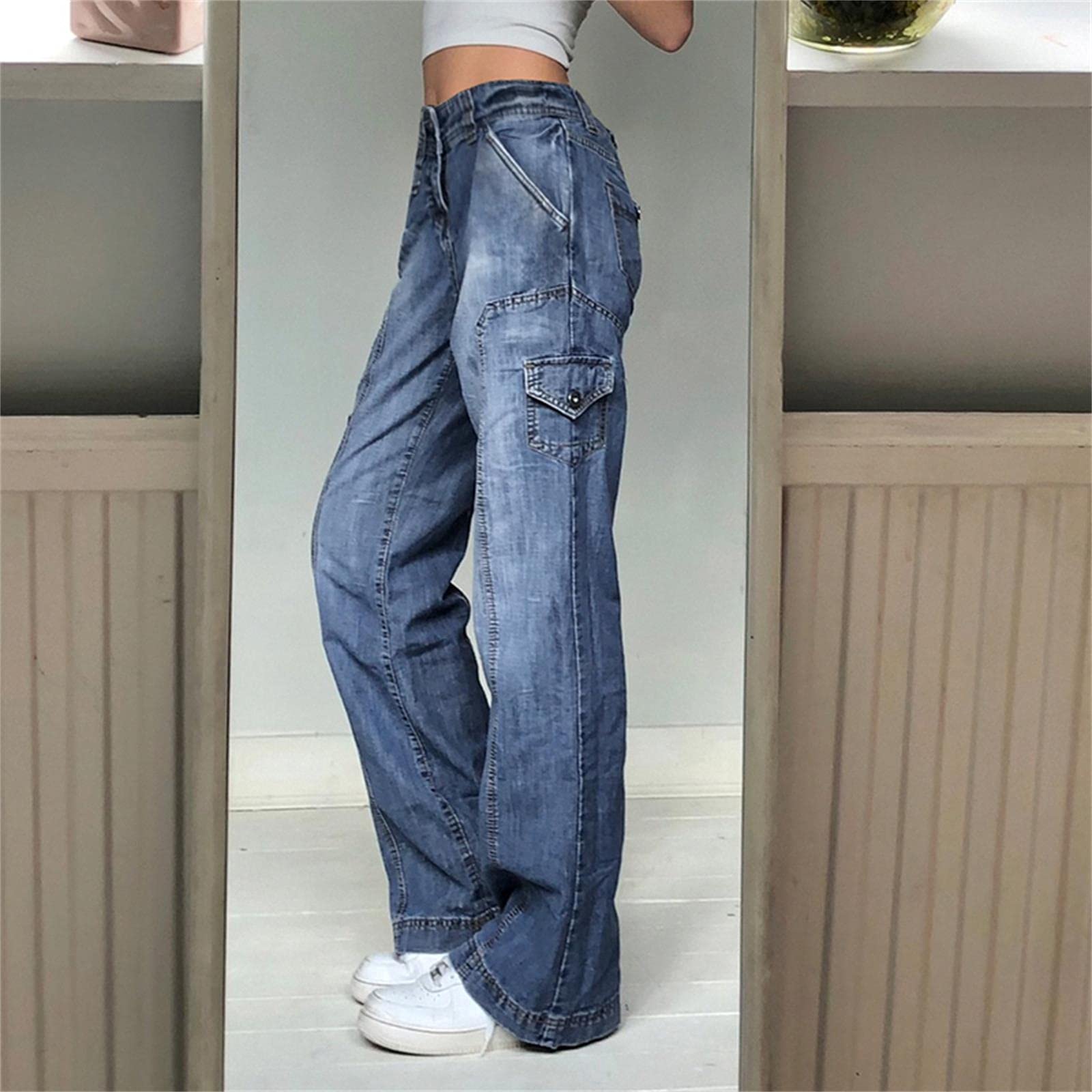 UKKO Jeans da Donna Donne in Vita Jeans A Vita Alta Tasche di Modo Patchwork Pantaloni da Carico Baggy