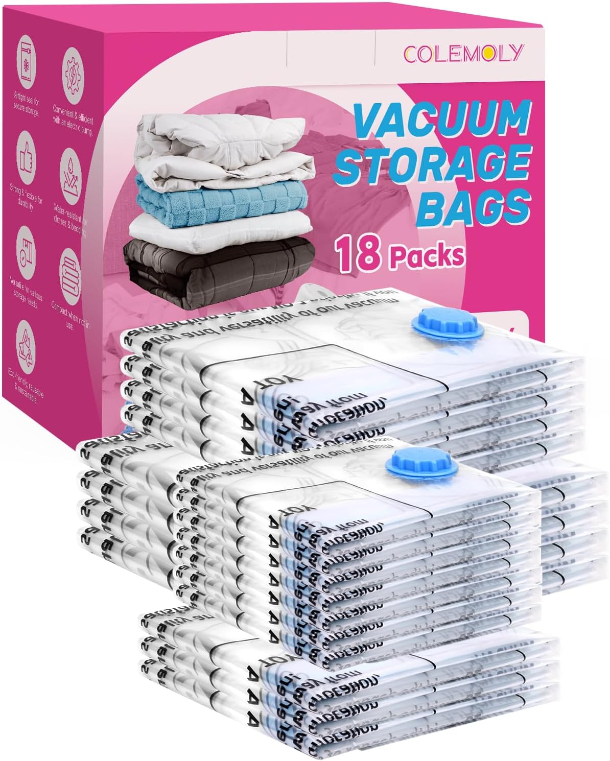 Colemoly Vacuum Storage Bags 18 Pack Vacuum Seal Bags Without Electric Pump Space Saver Storage Bags for travel, Storage and Organization (4 Jumbo/ 4 Large/ 3 Medium/ 3 Small/ 4 Roll Up) 18 combo without electric Pump