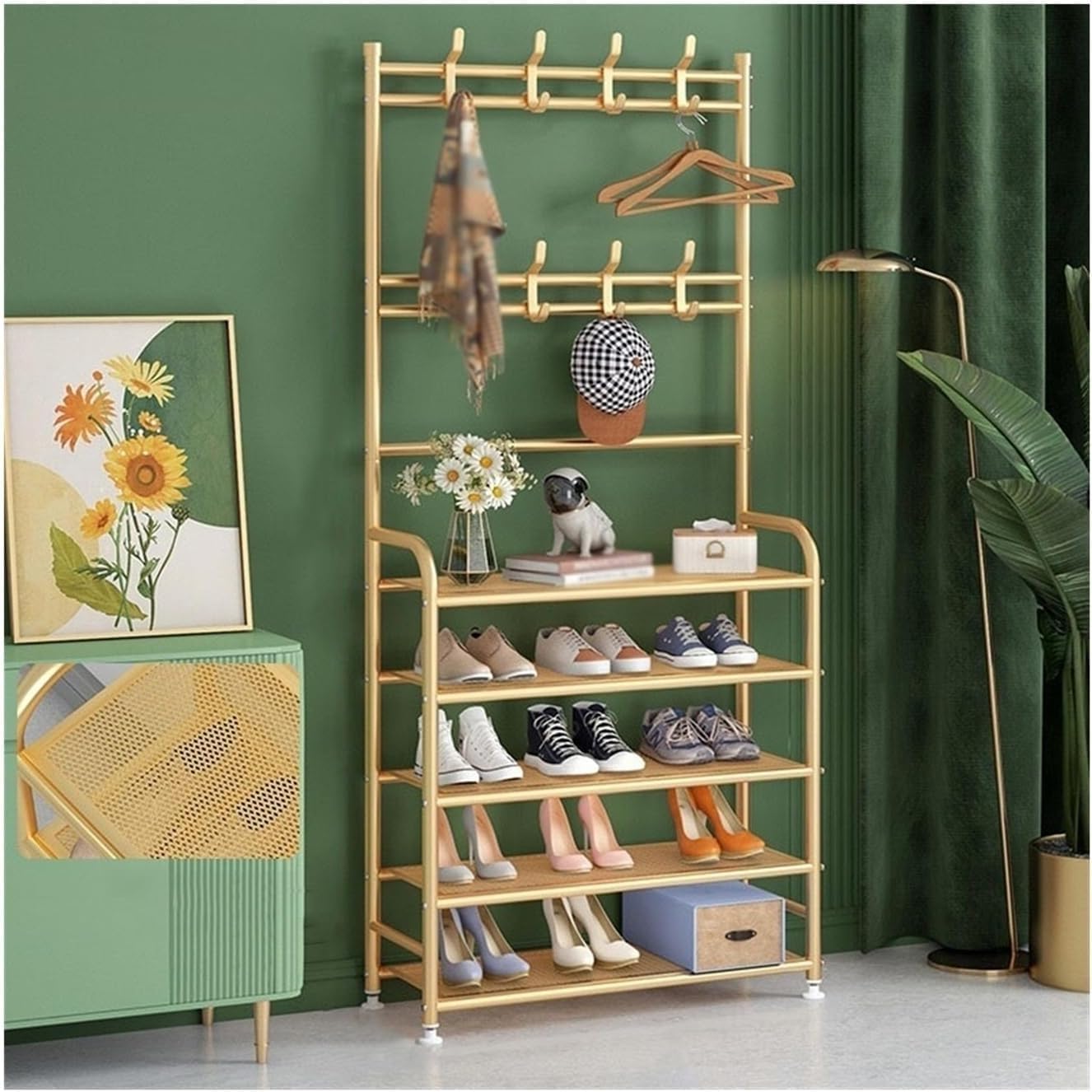 Shoe Storage Shelf 5-Tier Entryway Coat and Shoe Rack, Modern Coat Rack, Lightweight Metal Shoe Rack Organizer with Double Row Hooks for Bedroom Hallway Office(Color:Gold,Size:5-Layers 60cm) (Gold 5)