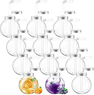 12 Sets 17 oz Plastic Fish Bowls with Straws and Lids Clear Reusable Fishbowl Cups for Drinks Spherical Bulb Cups for Birthday Competition Sport Summer Party Supplies, 2 Types of Lids