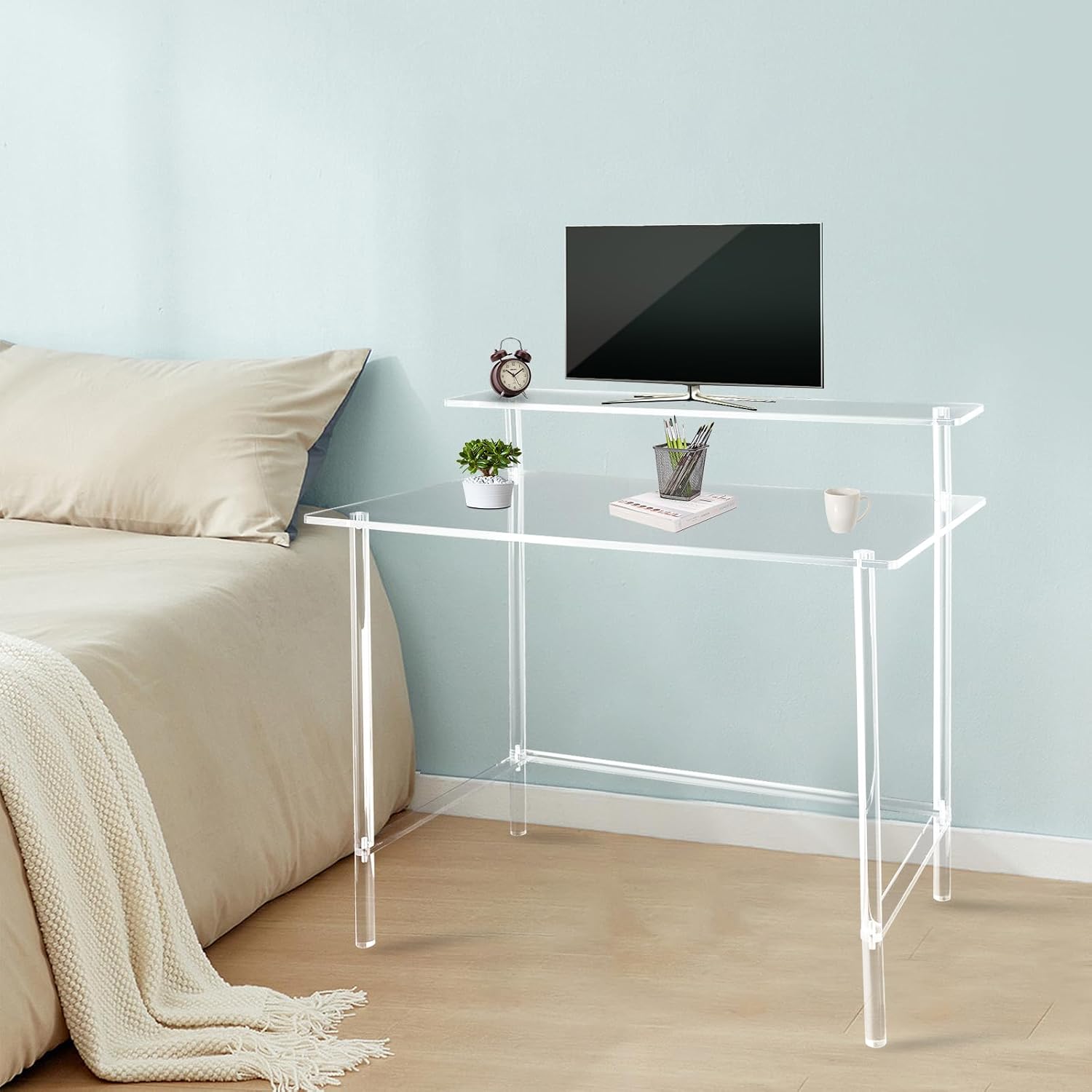 2-Tier Clear Acrylic Desk - 88LBS Load-Bearing Modern Home Office Desk with Rounded Corners Design - 31.5"x19.69" Freestanding Clear Desk for Home, Office & Studio