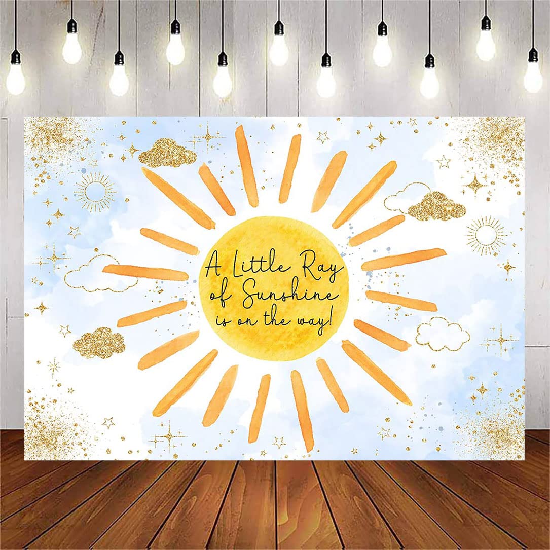 Avezano Sunshine Baby Shower Backdrop for Baby Boy A Little Ray of Sunshine is On The Way Photography Background Glitter Cloud Baby Shower Party Decorations Banner Backdrop Supplies (Blue, 8x6ft)