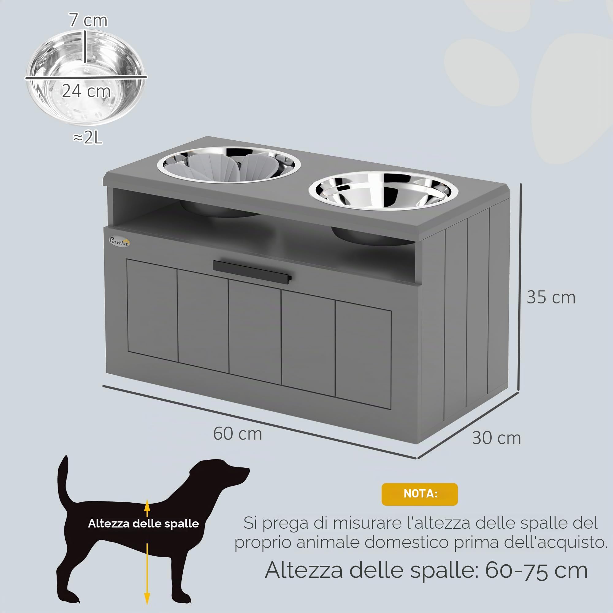 PawHut ciotole per cani, stazione di alimentazione rialzata con 2 ciotole in acciaio inox, tappetino antistrisciamento, supporto per ciotola per cani con spazio di archiviazione di 25L, ciotola per