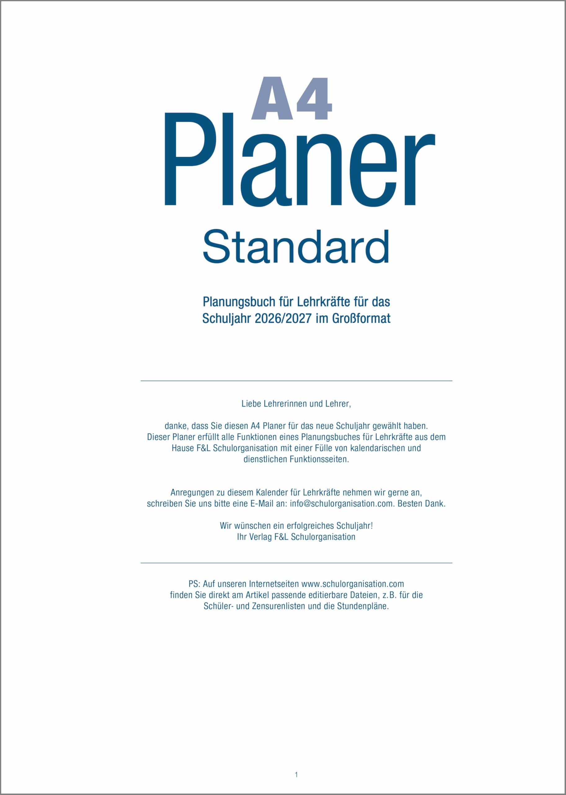 F&L - Lehrerkalender Planer 2026/2027, A4 plus, blau
