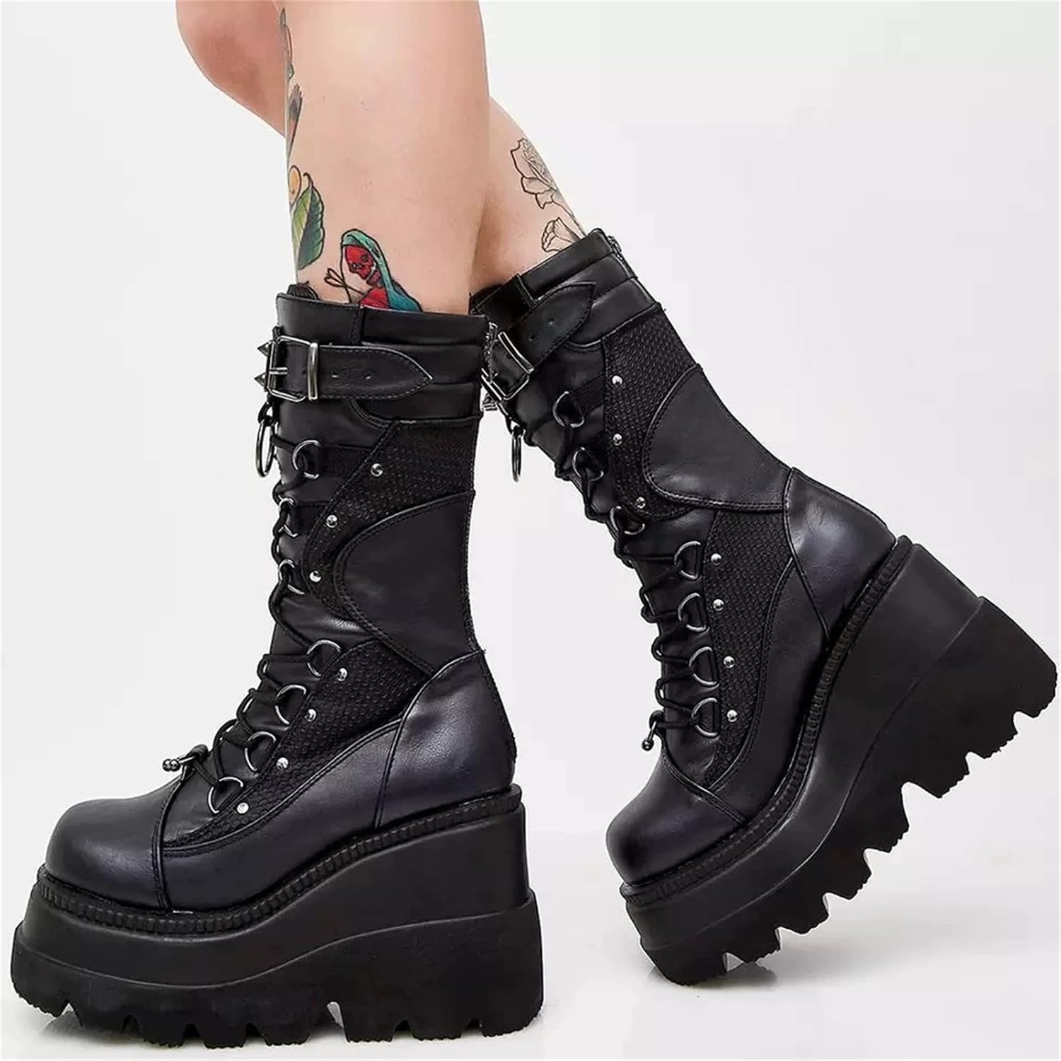Womens Gothic Punk Platform Boots Chunky Wedge Heel Combat Boots Lace-Up and Zipper Mid Calf Motorcycle Boot