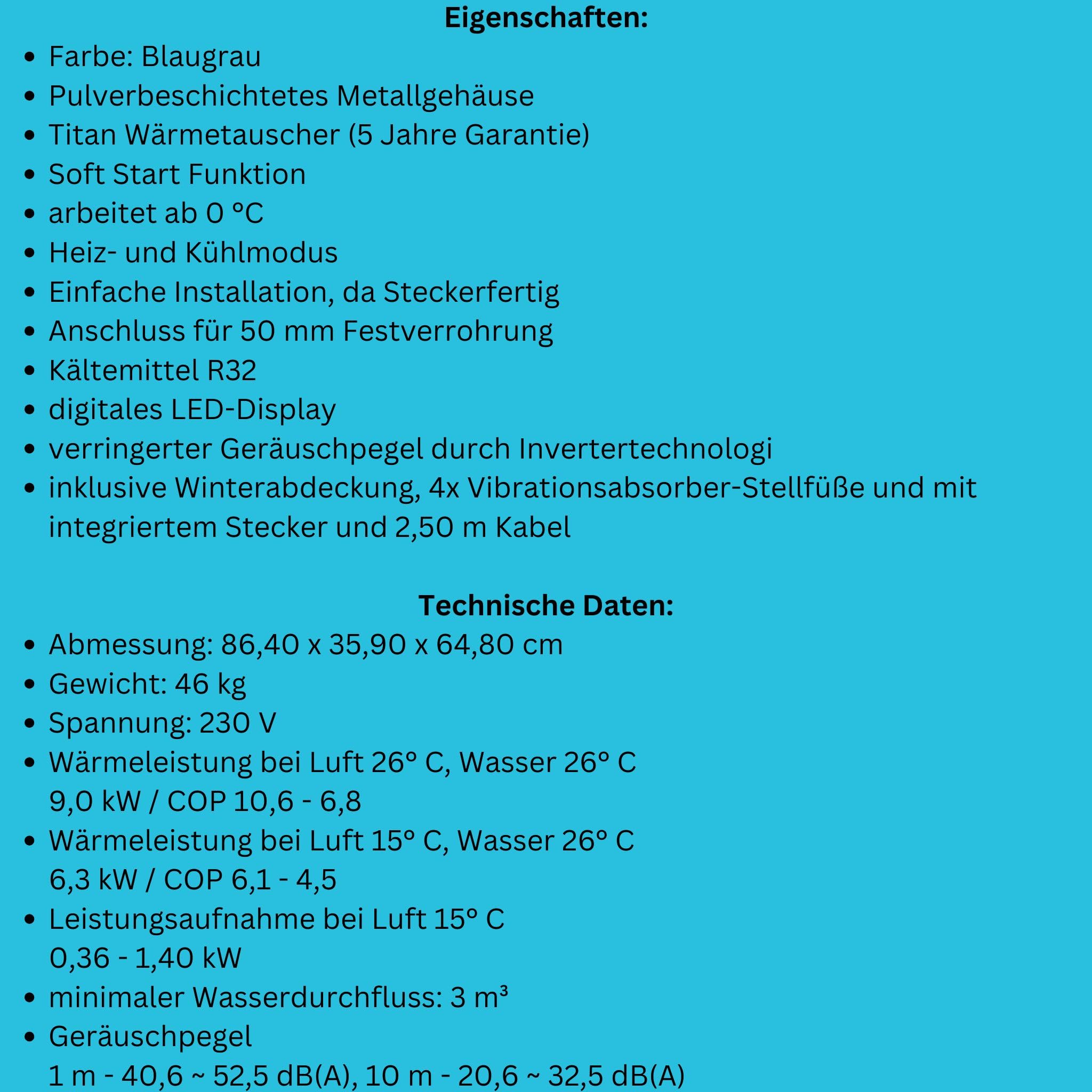 Wärmepumpe Smart Inverter ECO 9,0 kW, inkl. Bypass, bis 35 m³ Pool Heizung Schwimmbecken Wassererwärmung Titan Wärmetauscher steckerfertig